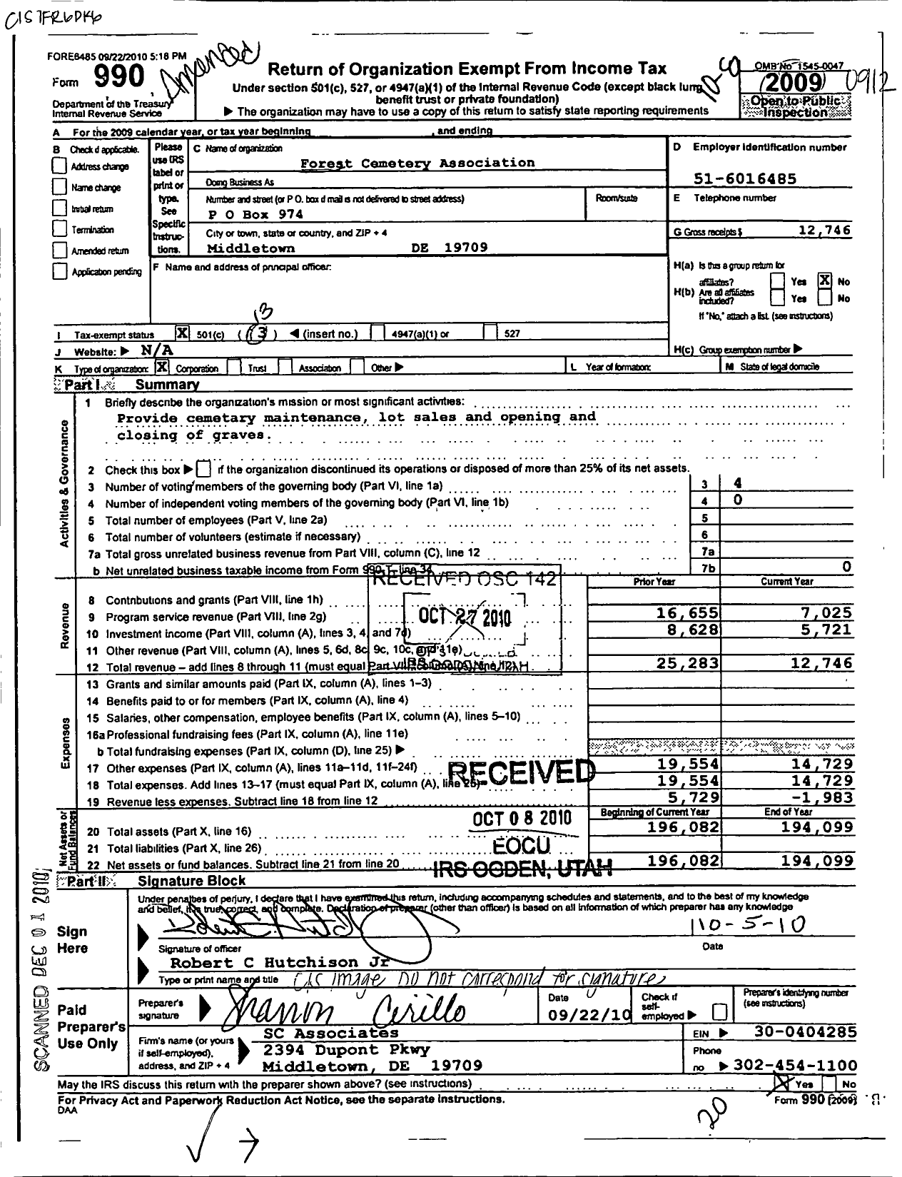 Image of first page of 2009 Form 990O for Forest Cemetery Association Middletown Delaware