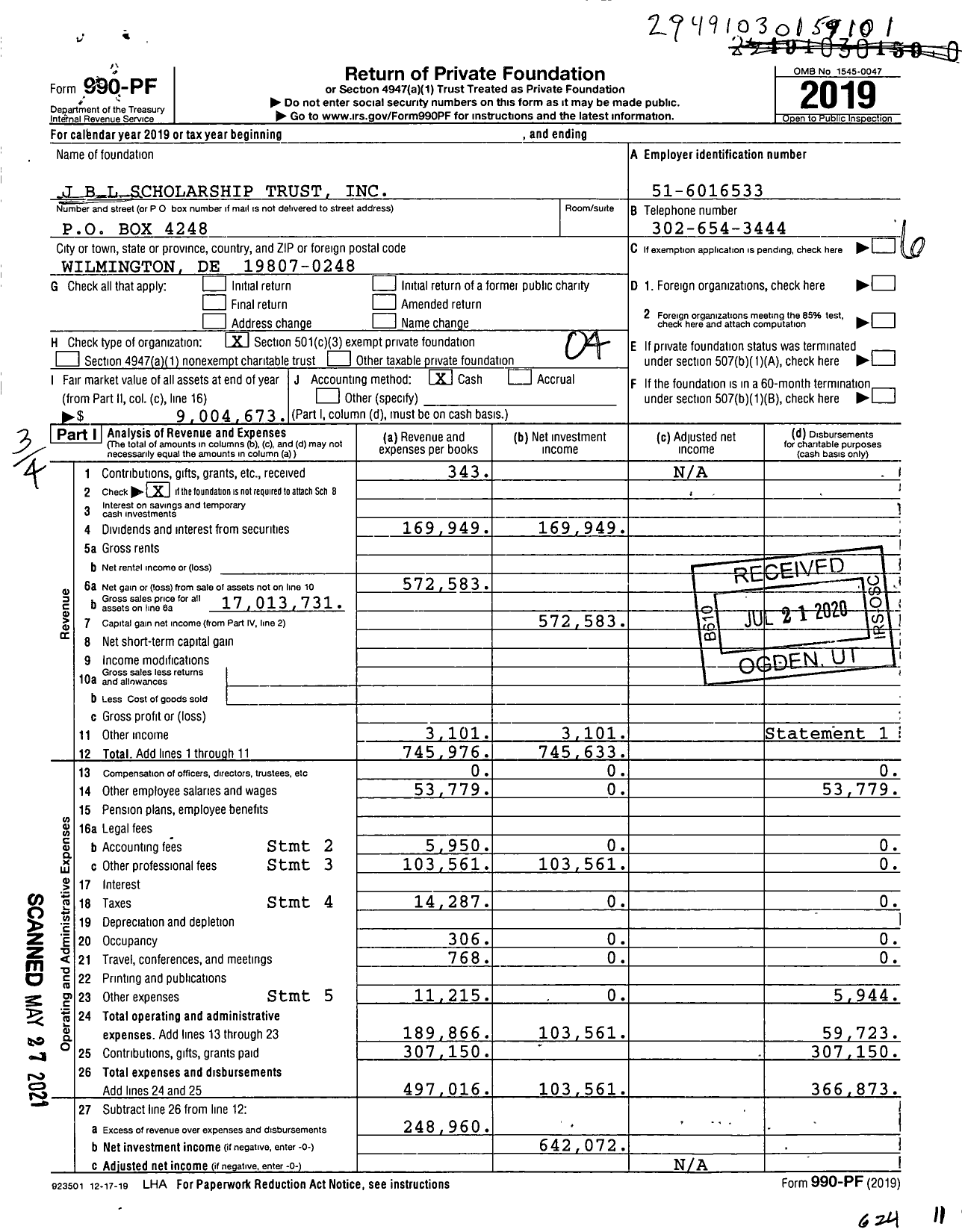 Image of first page of 2019 Form 990PF for J B L Scholarship Trust