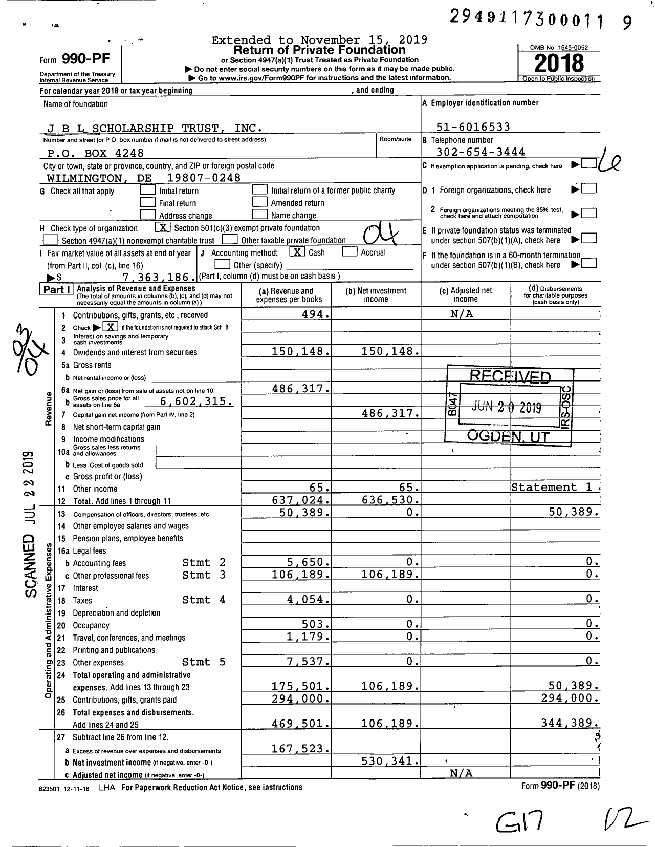 Image of first page of 2018 Form 990PF for J B L Scholarship Trust