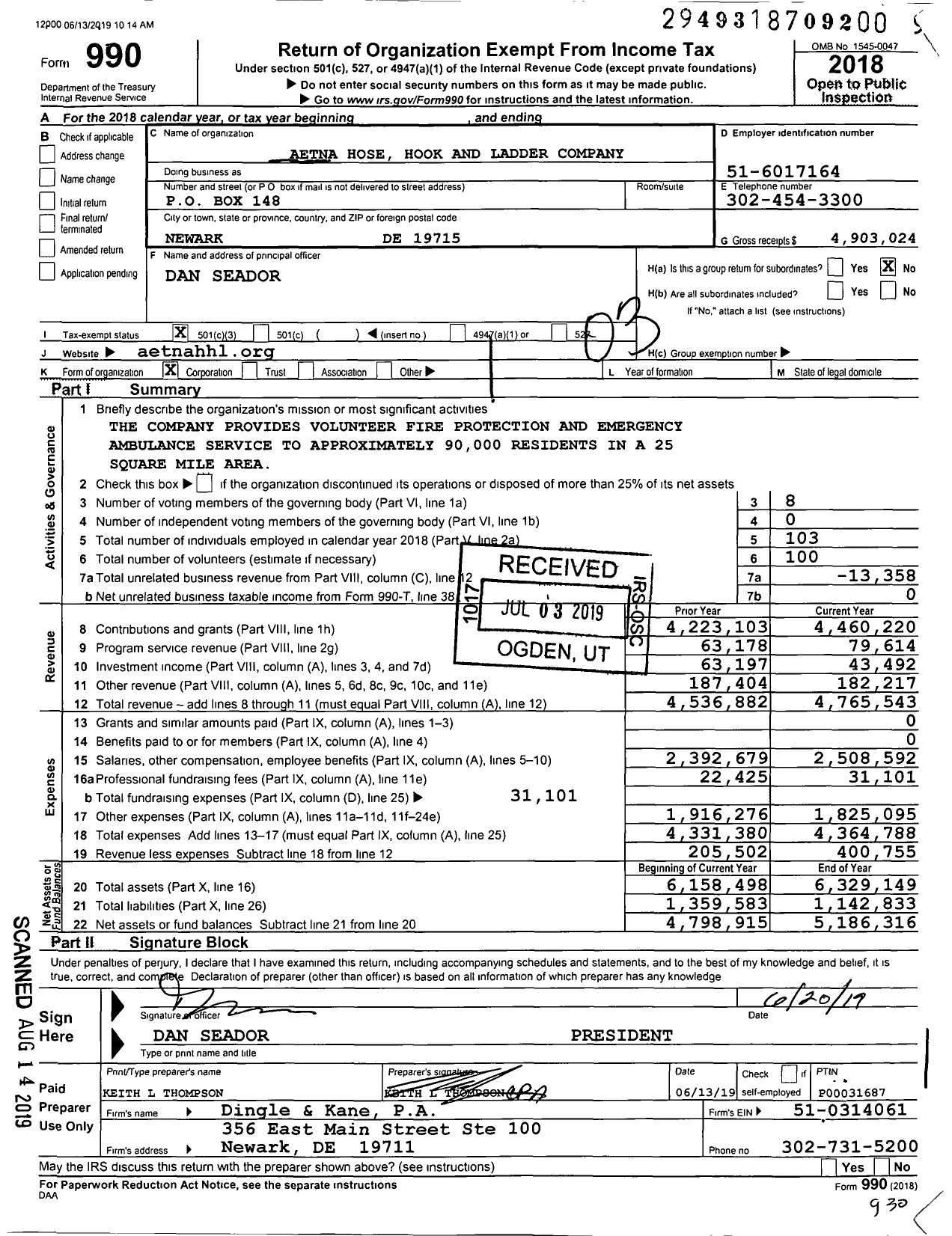 Image of first page of 2018 Form 990 for Aetna Hose Hook and Ladder Company