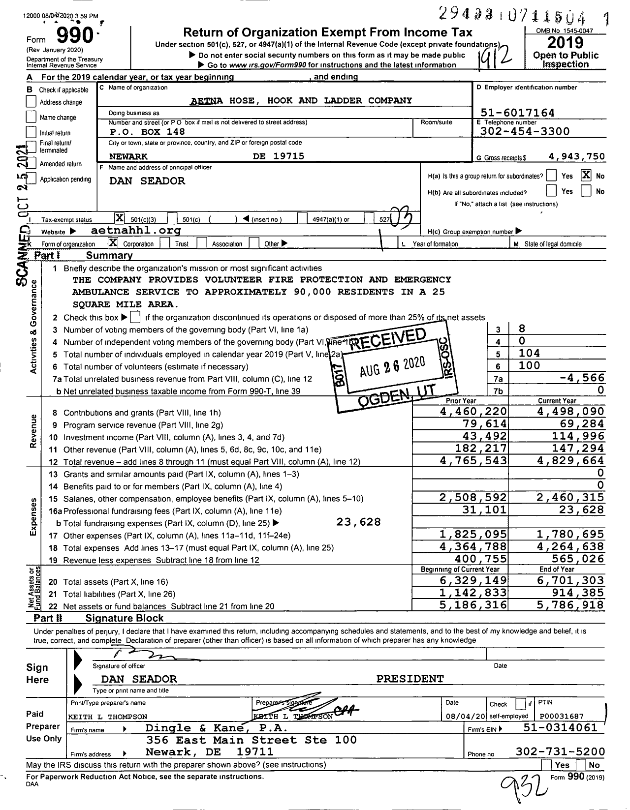 Image of first page of 2019 Form 990 for Aetna Hose Hook and Ladder Company