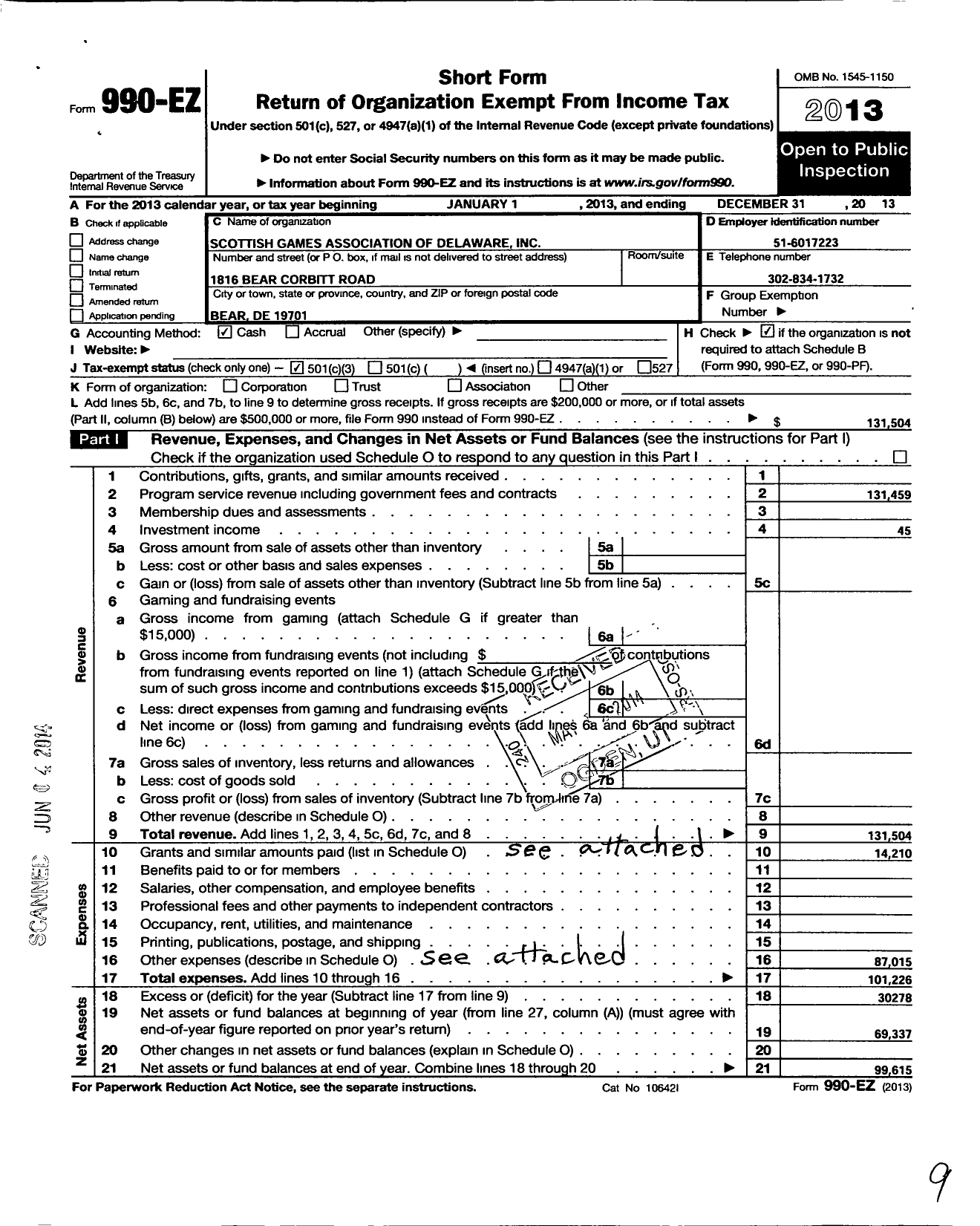 Image of first page of 2013 Form 990EZ for Scottish Games Association of Delaware