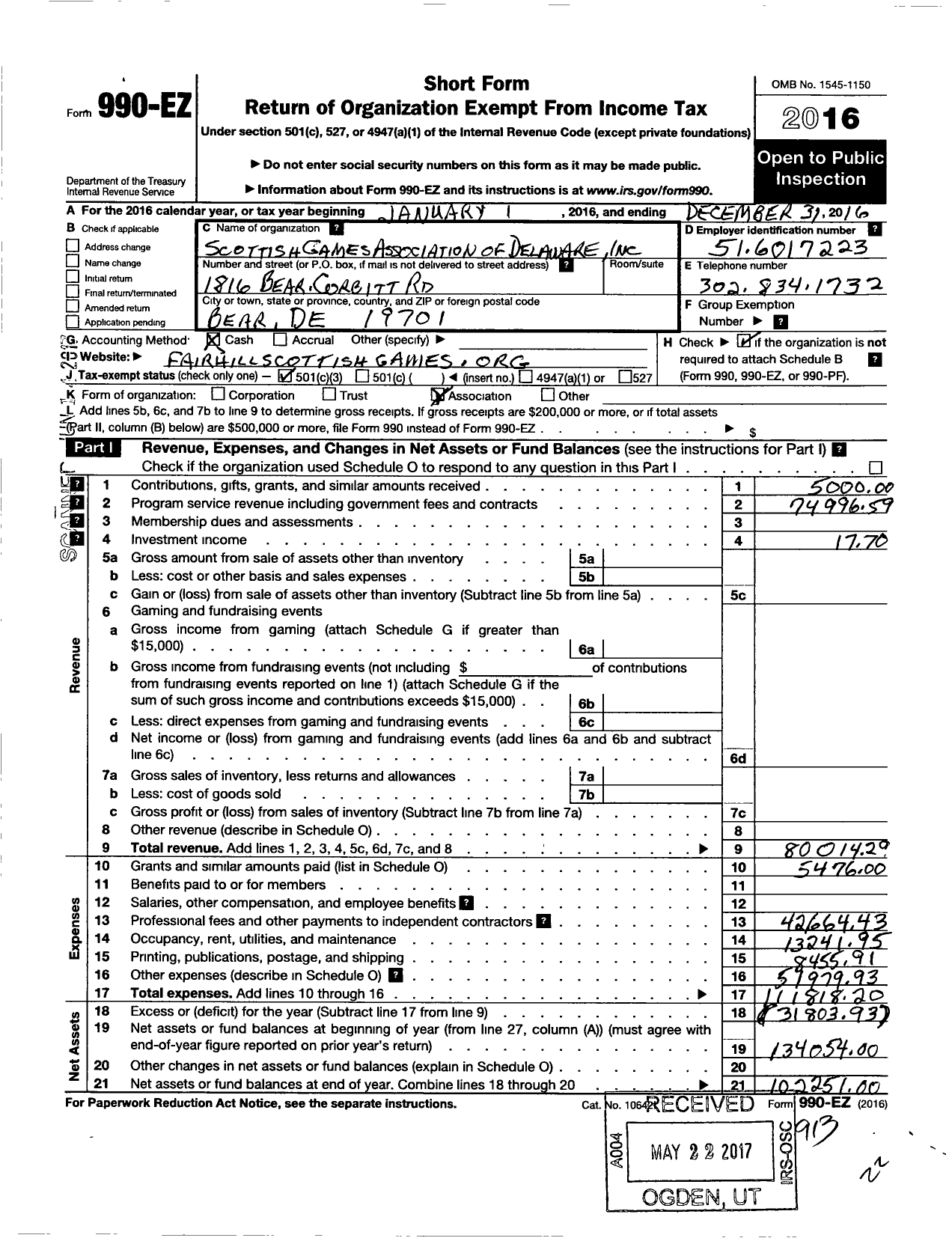 Image of first page of 2016 Form 990EZ for Scottish Games Association of Delaware