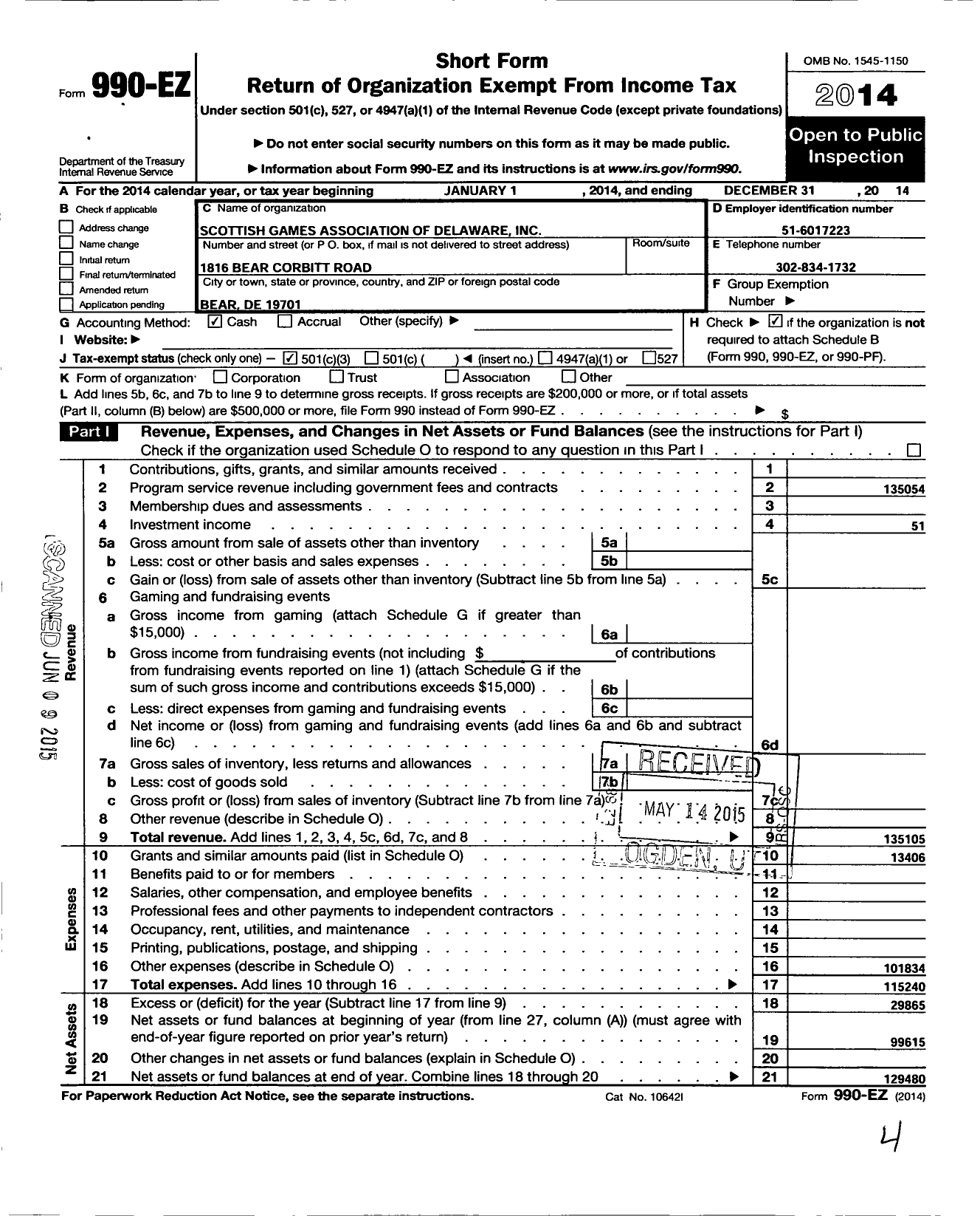 Image of first page of 2014 Form 990EZ for Scottish Games Association of Delaware