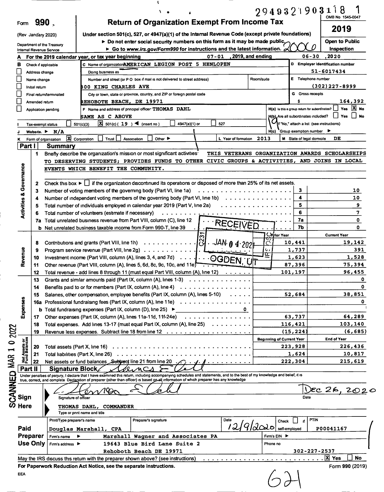 Image of first page of 2019 Form 990O for American Legion - 0005 Henlopen