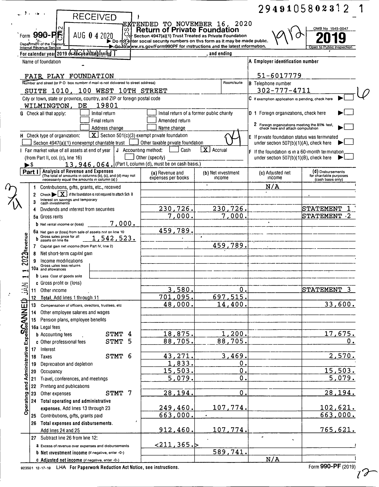 Image of first page of 2019 Form 990PF for Fair Play Foundation