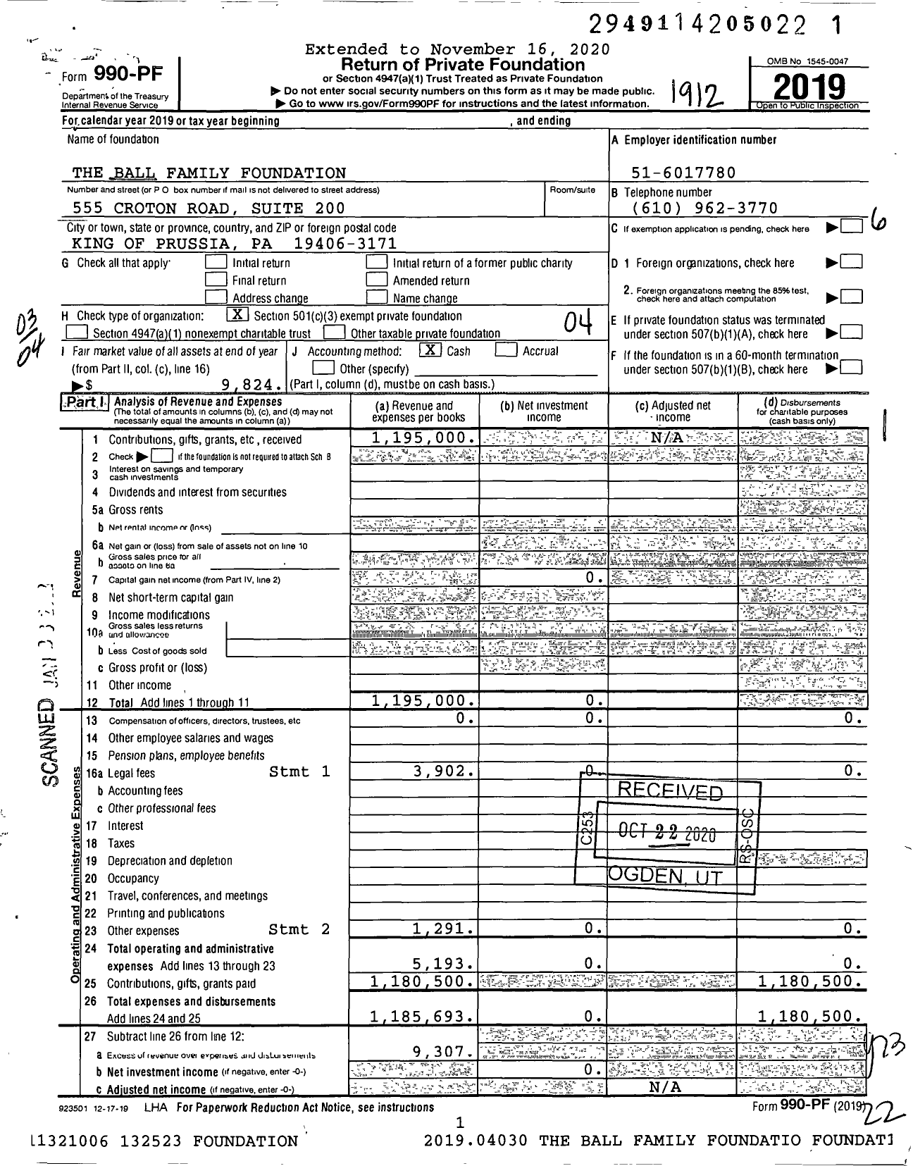 Image of first page of 2019 Form 990PF for The Ball Family Foundation