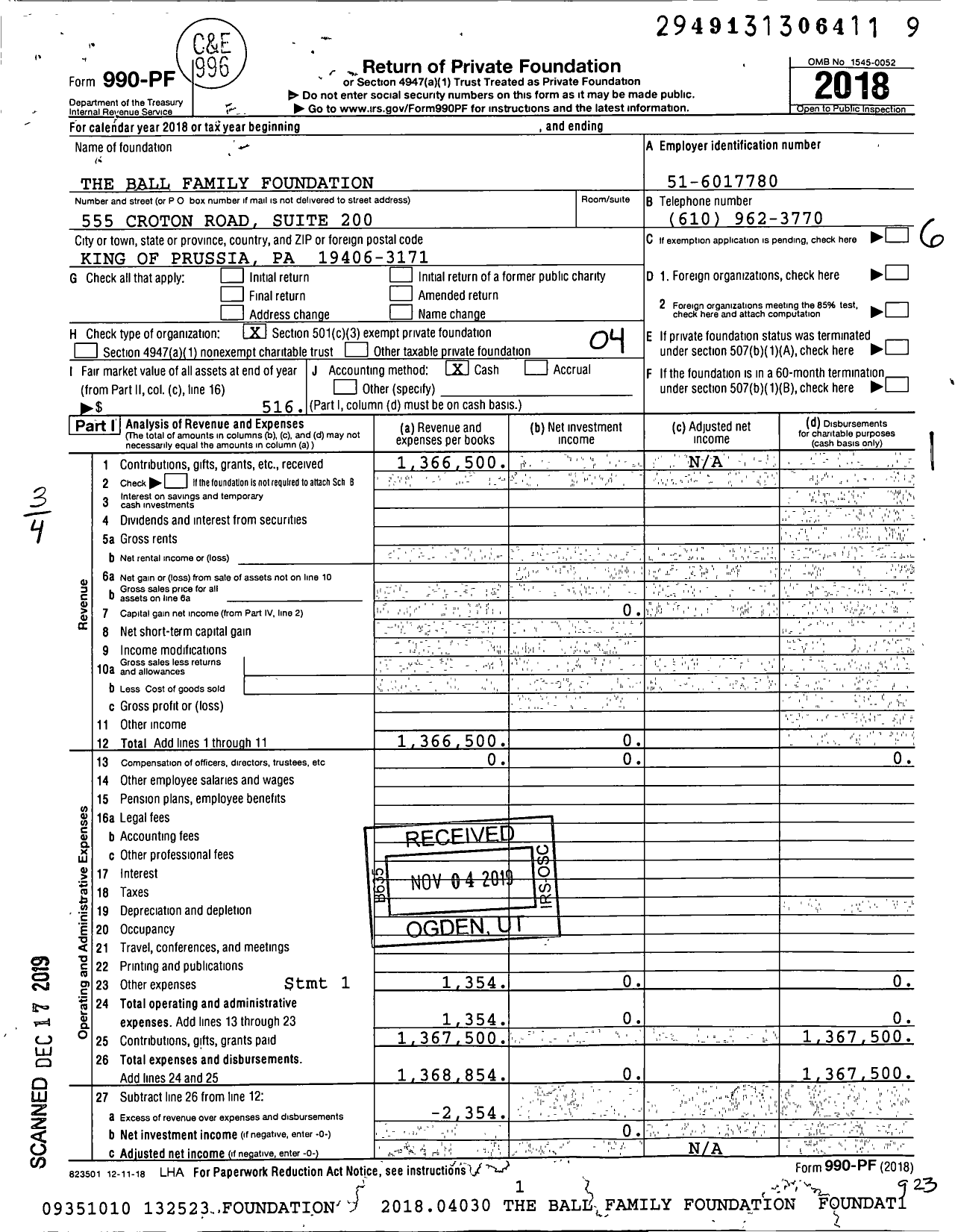 Image of first page of 2018 Form 990PF for The Ball Family Foundation