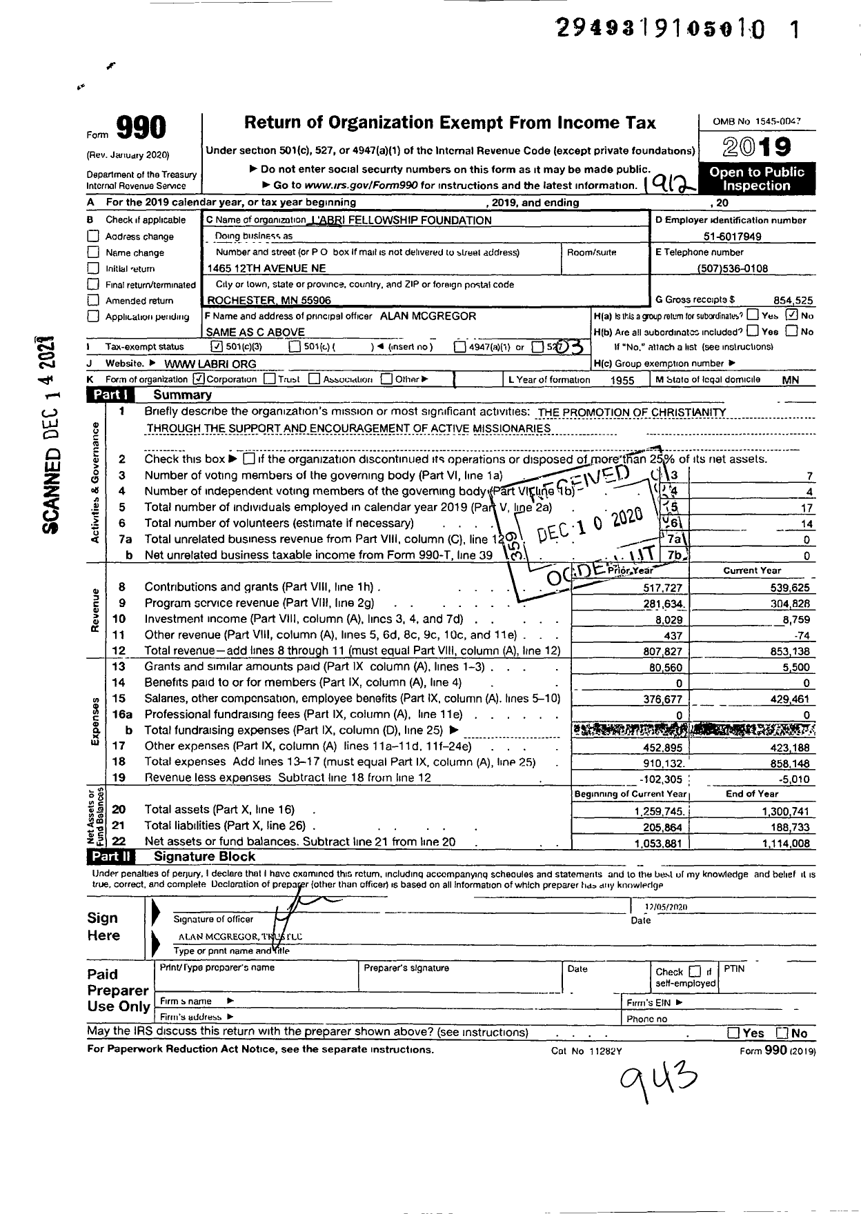 Image of first page of 2019 Form 990 for L'abri Fellowship Foundation