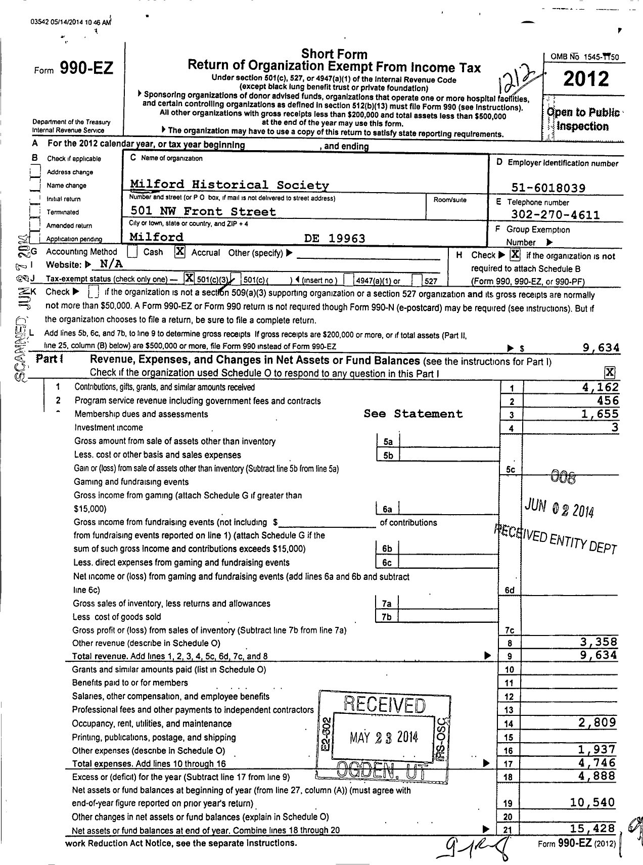 Image of first page of 2012 Form 990EZ for Milford Historical Society