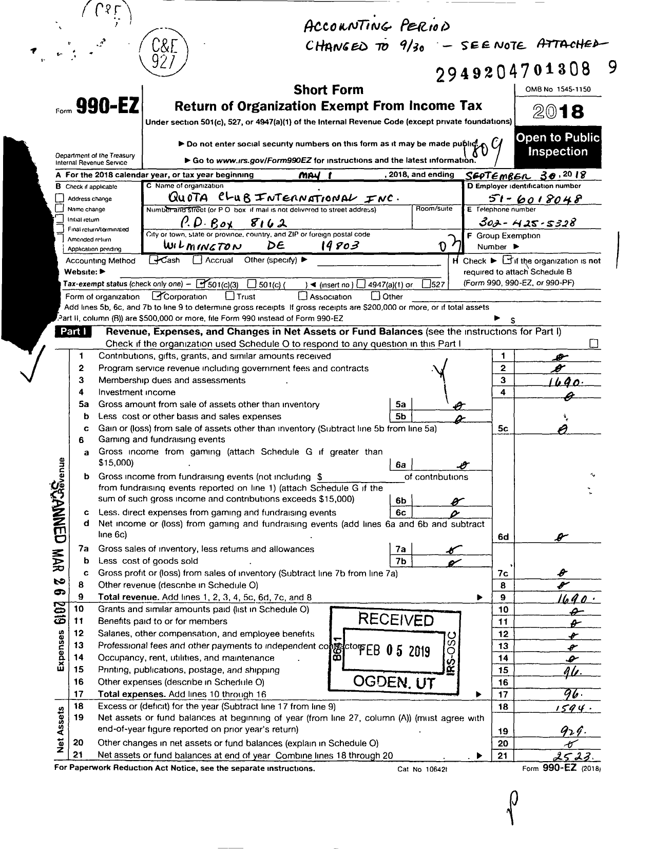 Image of first page of 2017 Form 990EZ for Quota Club International / Wilmington