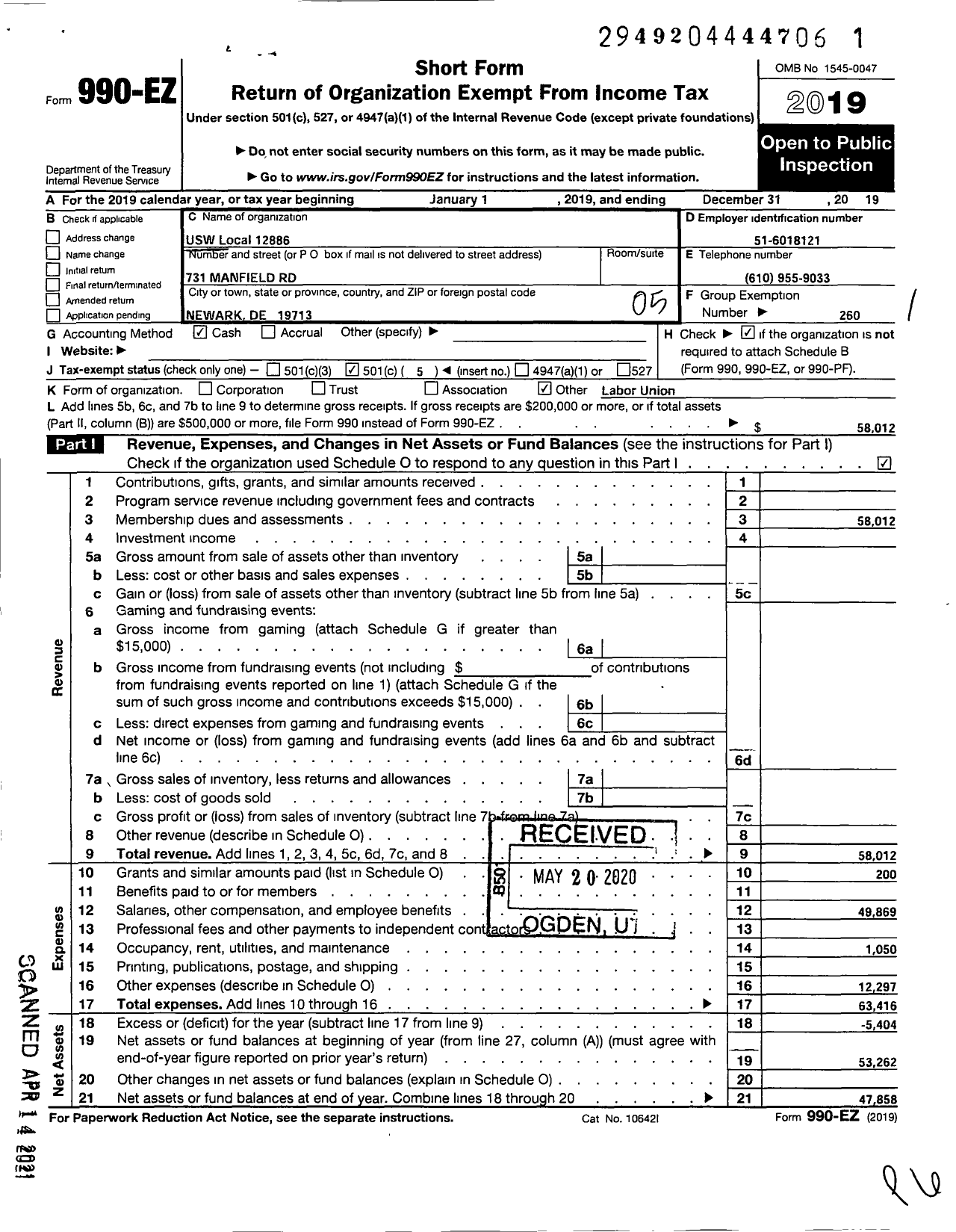 Image of first page of 2019 Form 990EO for United Steelworkers - 12886 USW Local