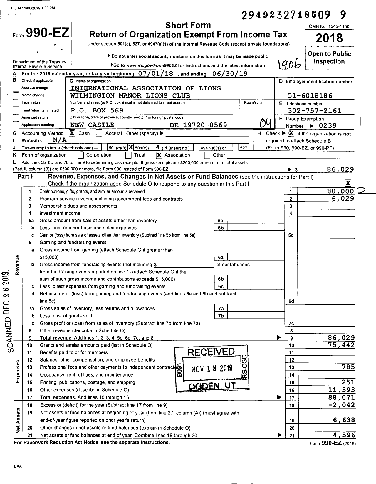 Image of first page of 2018 Form 990EO for Lions Clubs - 8911 Wilmington Manor