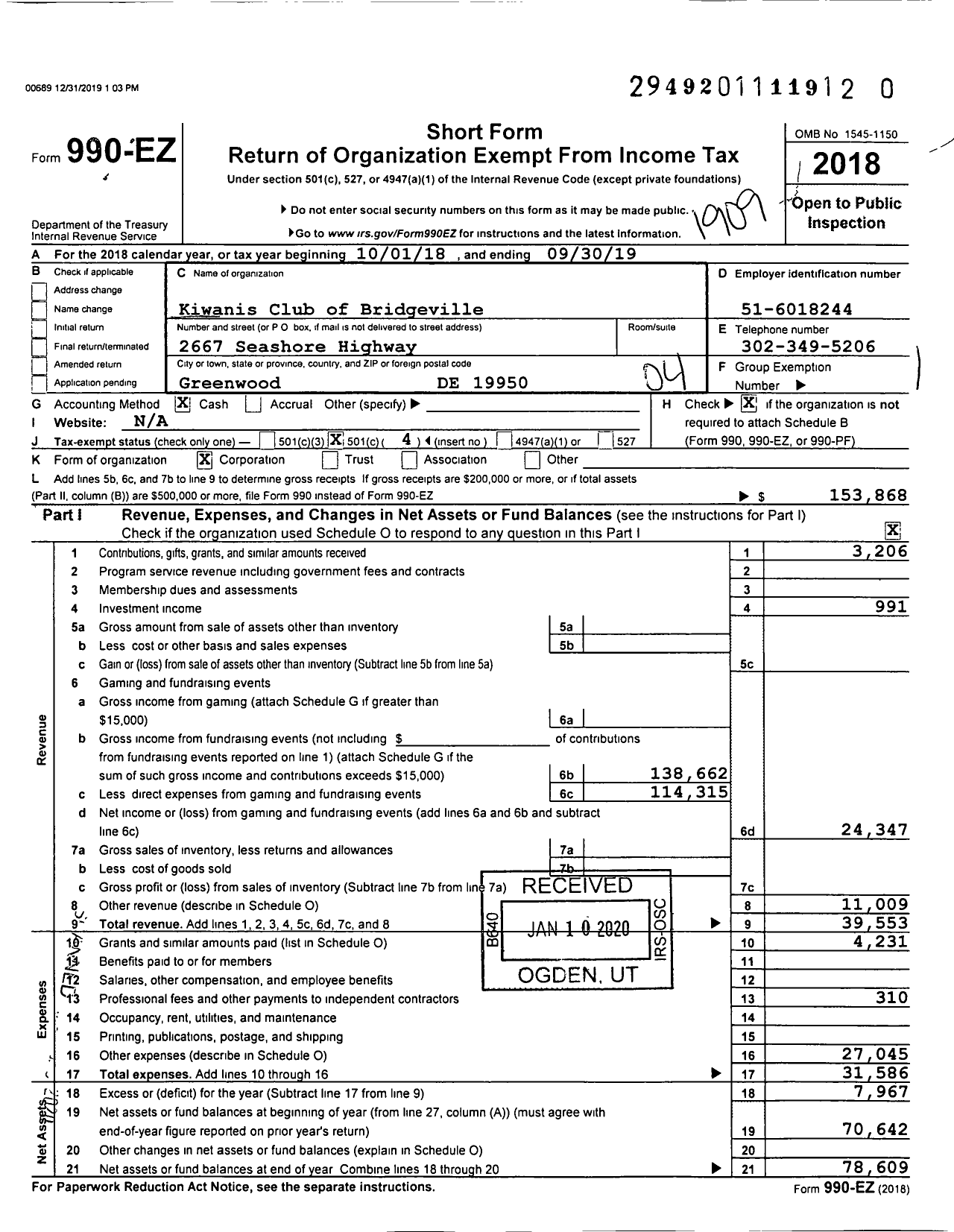 Image of first page of 2018 Form 990EO for Kiwanis International - K02269 Bridgeville