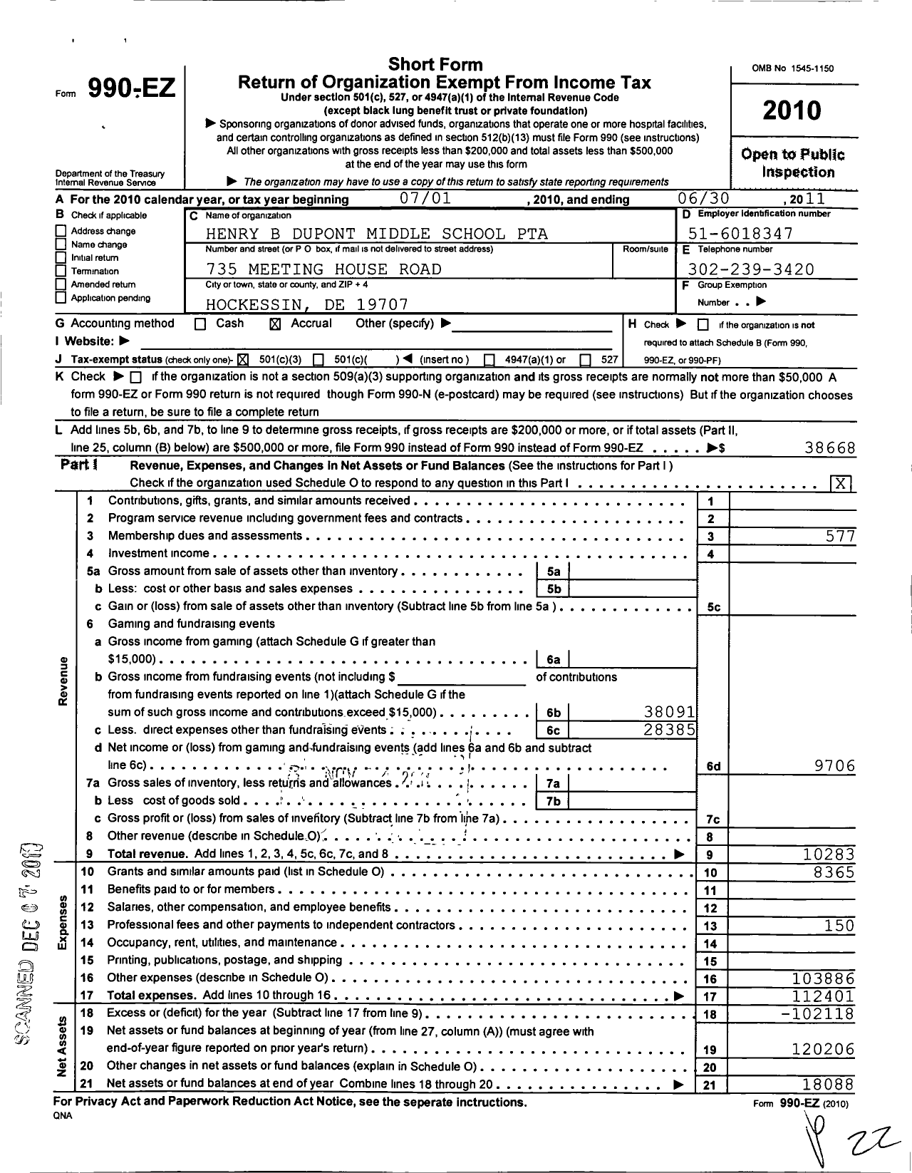 Image of first page of 2010 Form 990EZ for PTA Delaware Congress / H B Dupont Middle School PTA