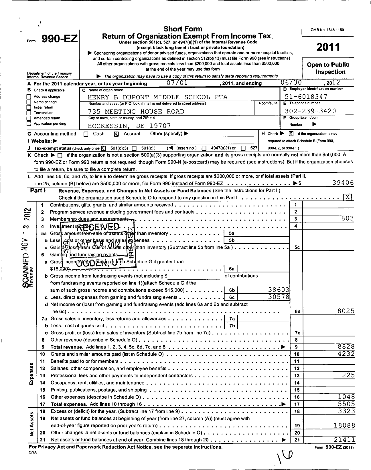 Image of first page of 2011 Form 990EZ for PTA Delaware Congress / H B Dupont Middle School PTA