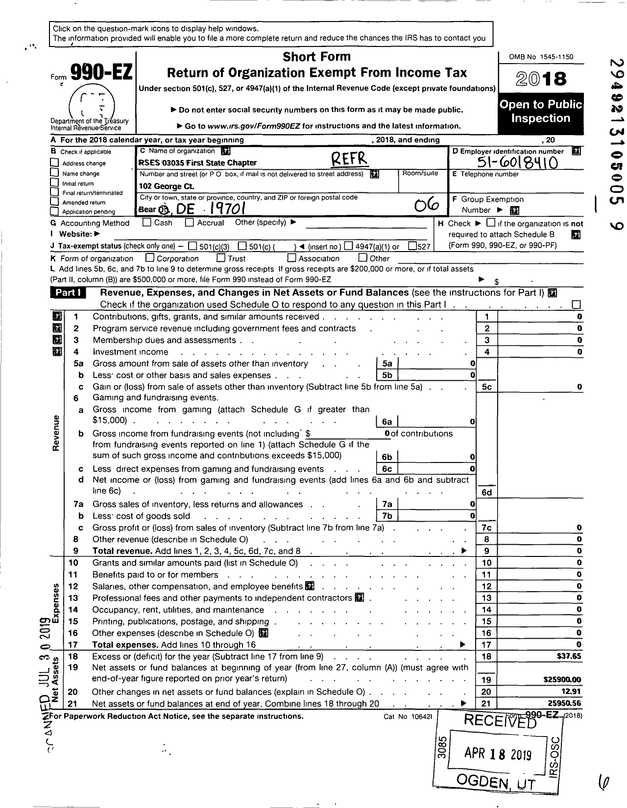 Image of first page of 2018 Form 990EO for Refrigeration Service Engineers Society - 3035 First State Chapter