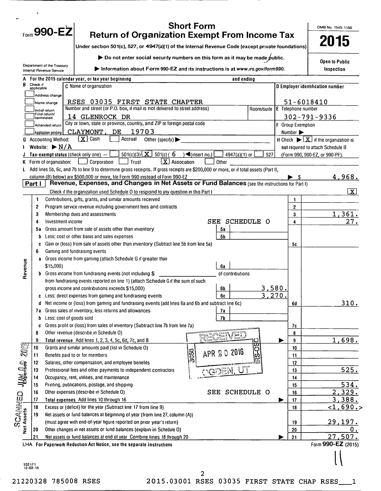 Image of first page of 2015 Form 990EO for Refrigeration Service Engineers Society - 3035 First State Chapter