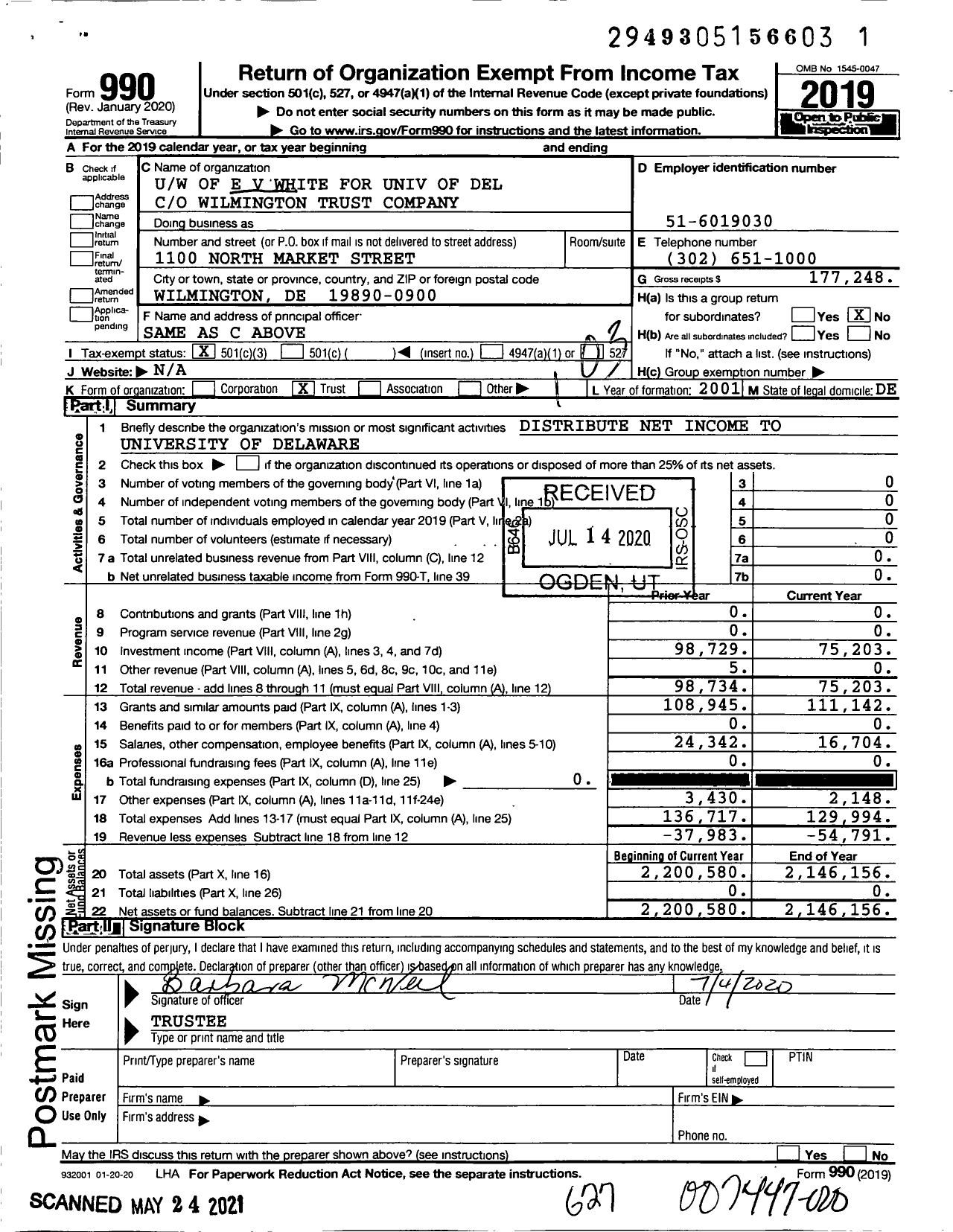 Image of first page of 2019 Form 990 for Uw of E V White for Univ of Del 007447-000