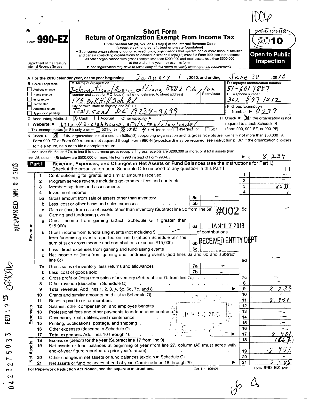 Image of first page of 2011 Form 990EO for Lions Clubs - 8882 Clayton