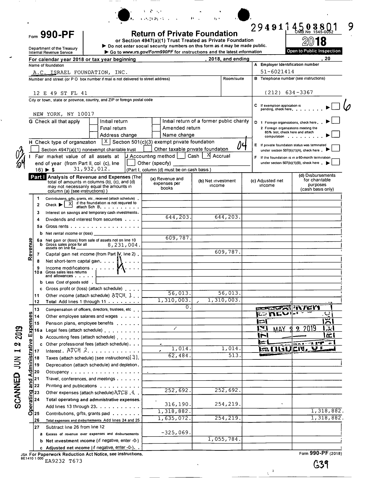 Image of first page of 2018 Form 990PF for Ac Israel Foundation