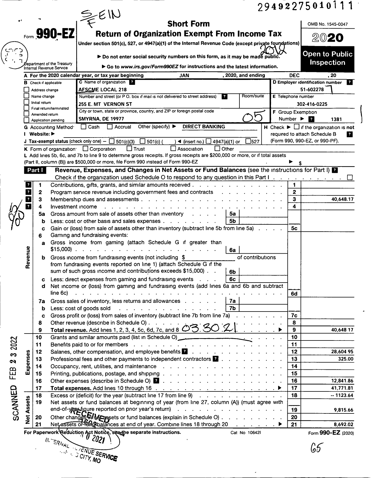 Image of first page of 2020 Form 990EO for American Federation of State County & Municipal Employees - L218 de New Castle Co SCH Custdns