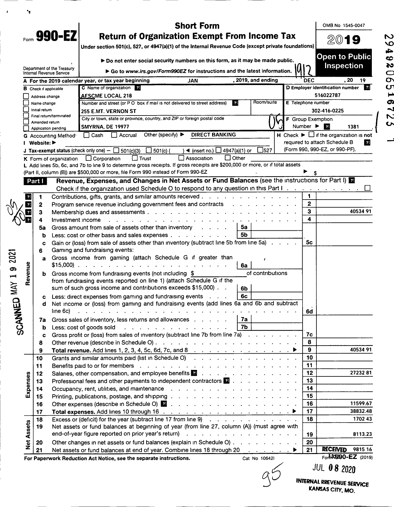 Image of first page of 2019 Form 990EO for American Federation of State County & Municipal Employees - L218 de New Castle Co SCH Custdns