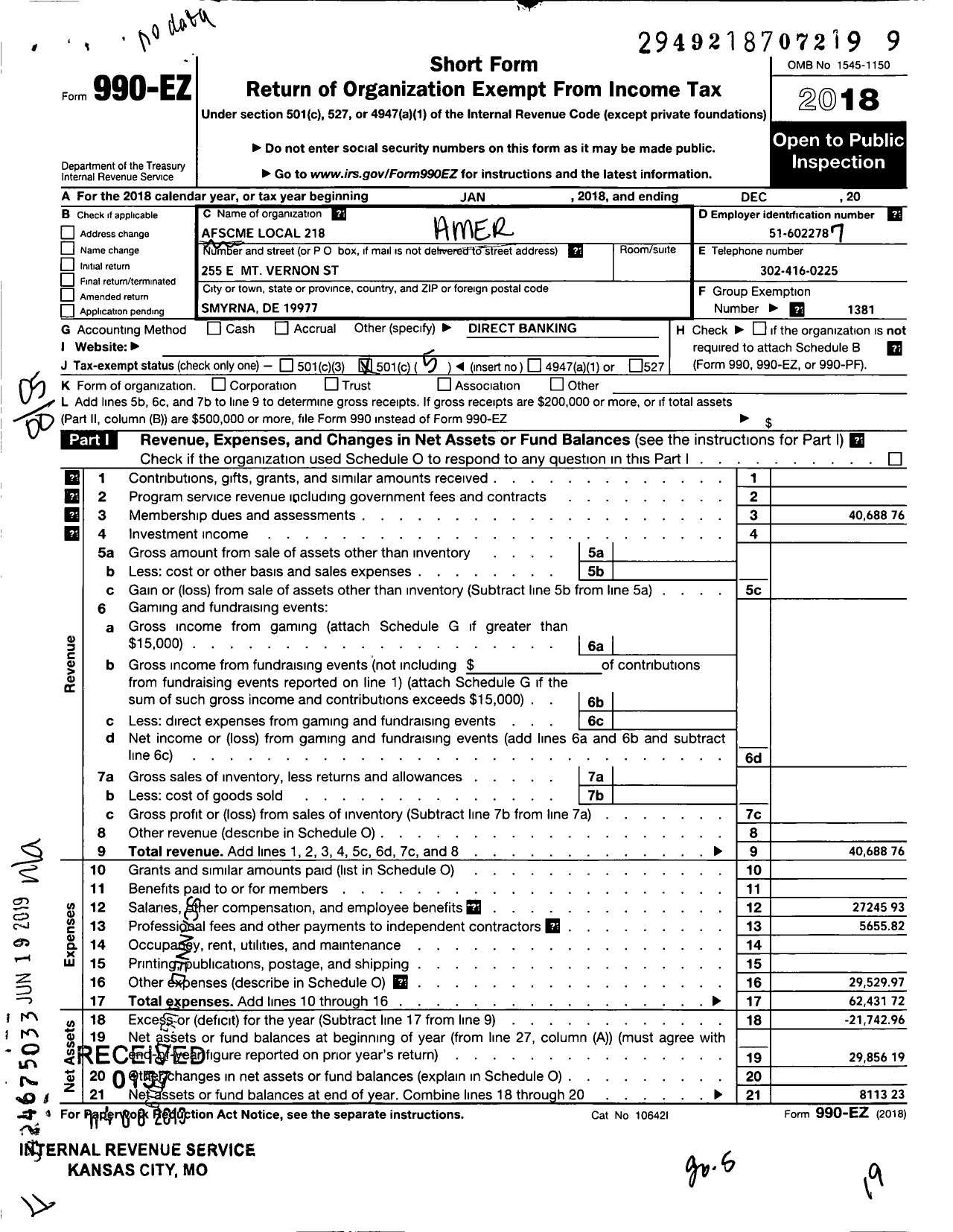 Image of first page of 2018 Form 990EO for American Federation of State County & Municipal Employees - L218 de New Castle Co SCH Custdns