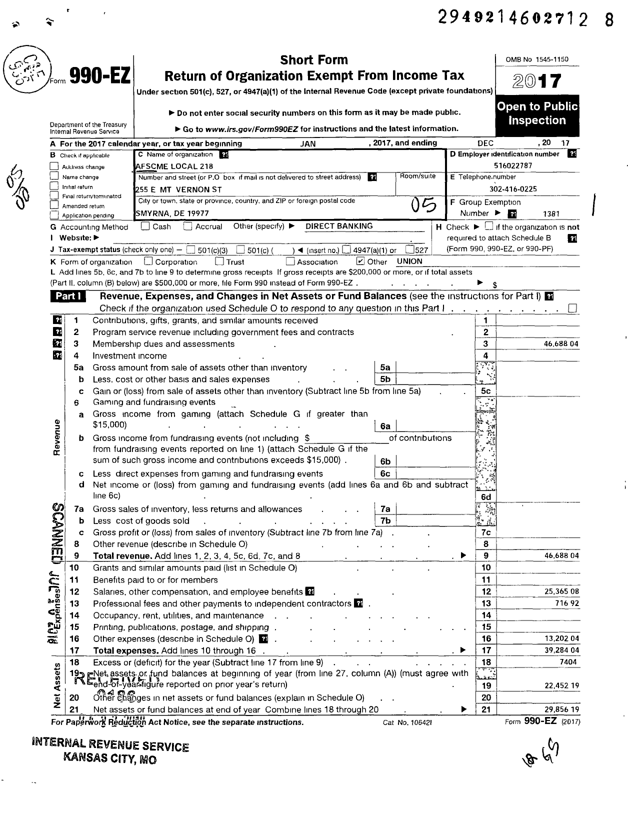 Image of first page of 2017 Form 990EO for American Federation of State County & Municipal Employees - L218 de New Castle Co SCH Custdns