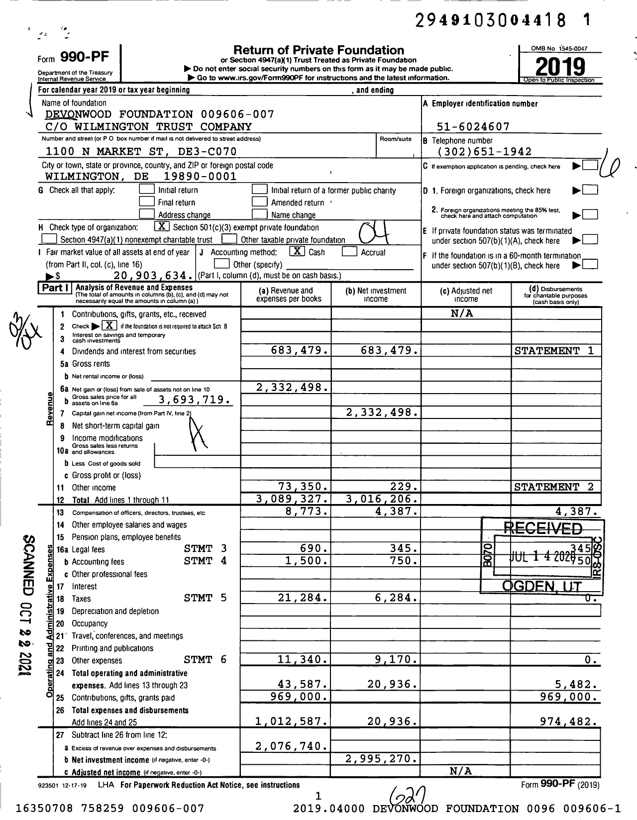 Image of first page of 2019 Form 990PF for Devonwood Foundation 009606-007