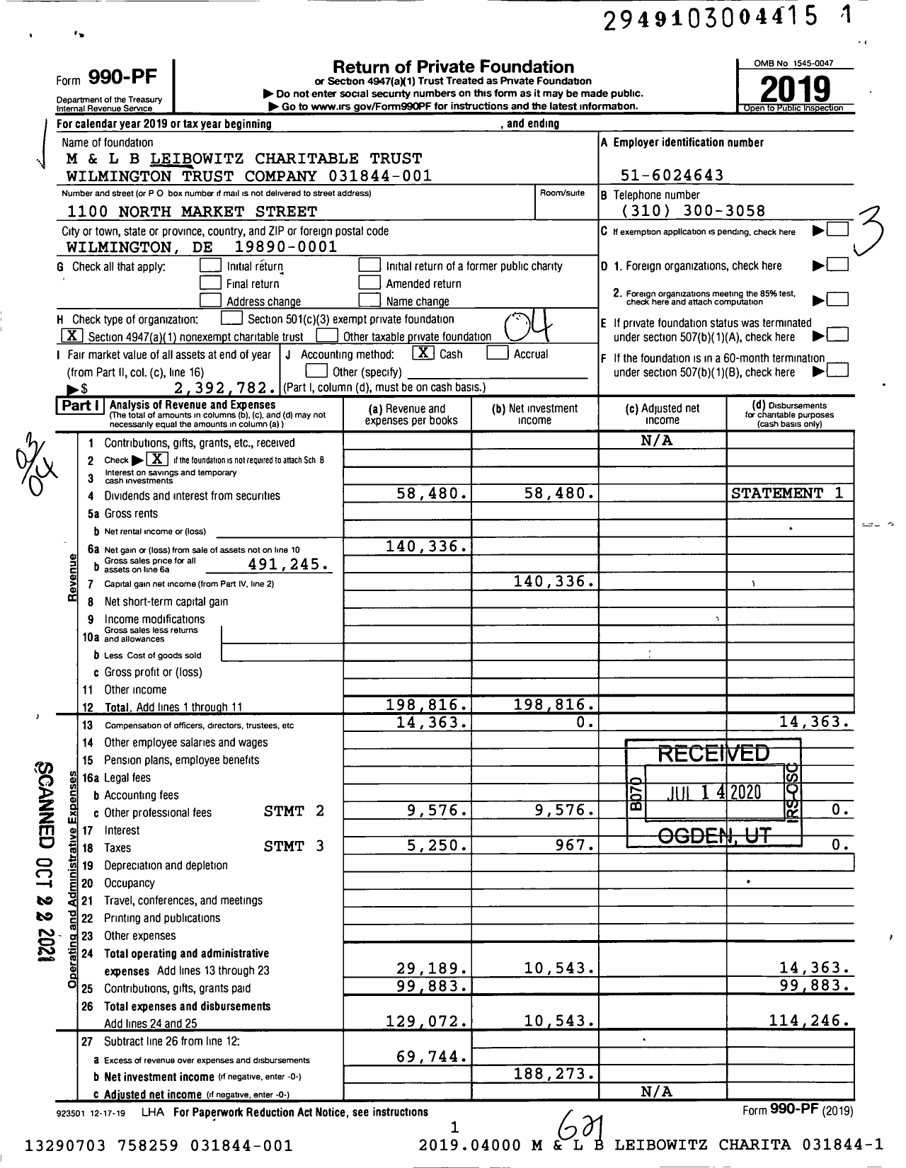 Image of first page of 2019 Form 990PF for M and L B Leibowitz Charitable Trust 031844-001