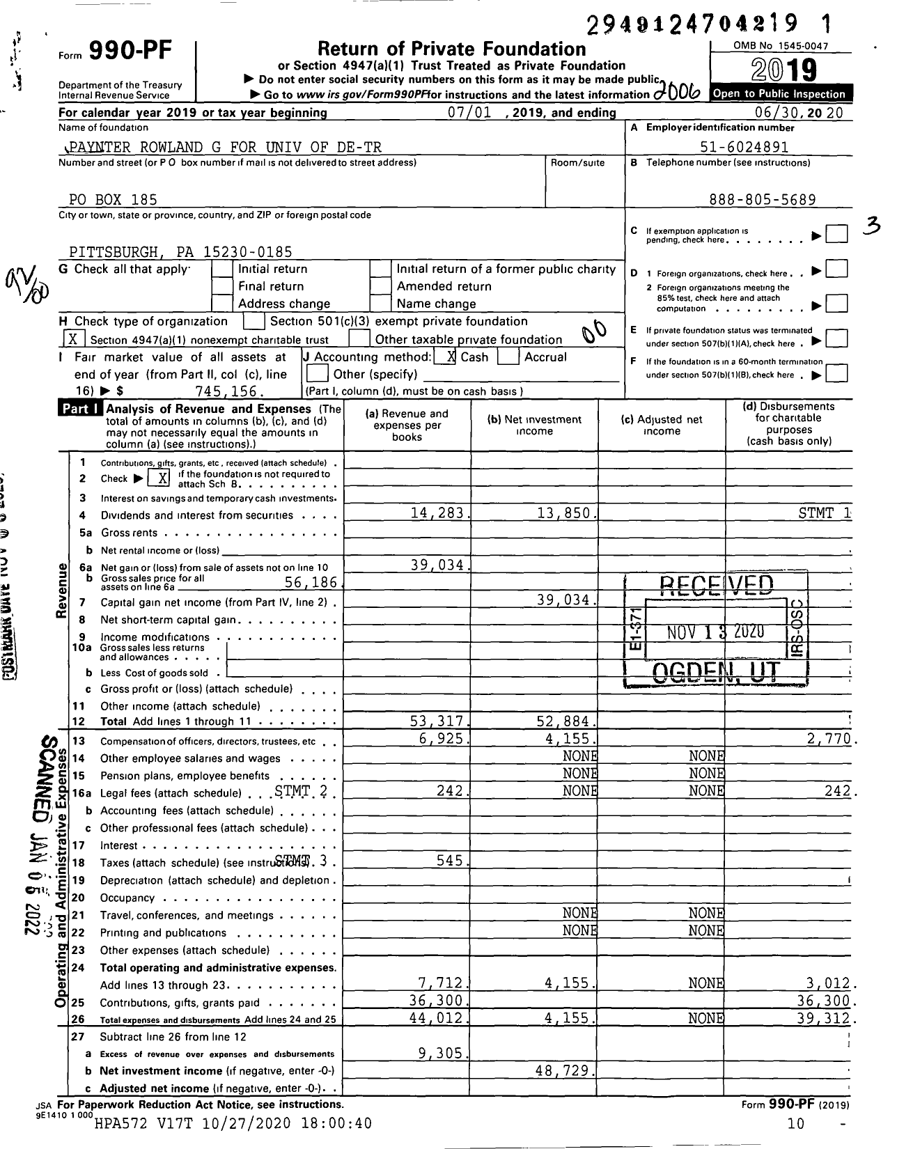 Image of first page of 2019 Form 990PF for Paynter Rowland G for Univ of De-Tr