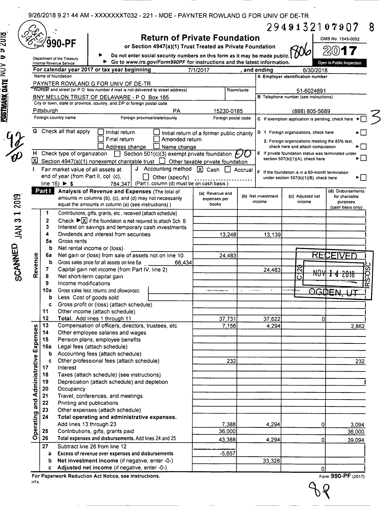 Image of first page of 2017 Form 990PF for Paynter Rowland G for Univ of De-Tr