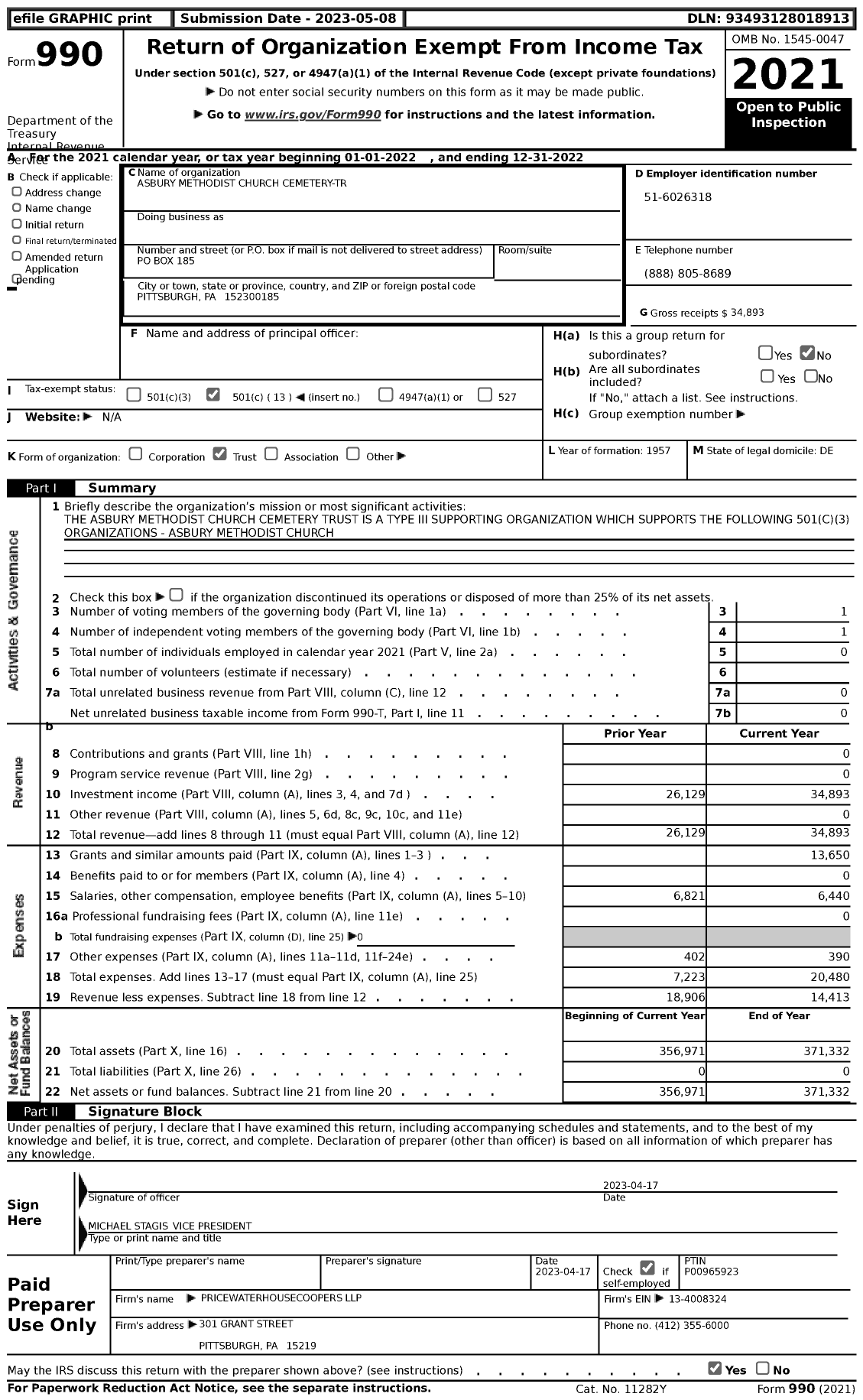 Image of first page of 2022 Form 990 for Asbury Methodist Church Cemetery-Tr