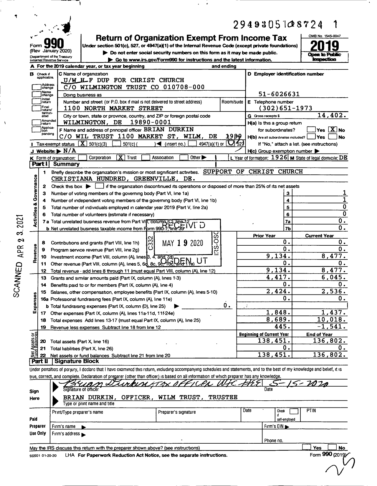 Image of first page of 2019 Form 990 for Uw H F Dup for Christ Church 010708-000