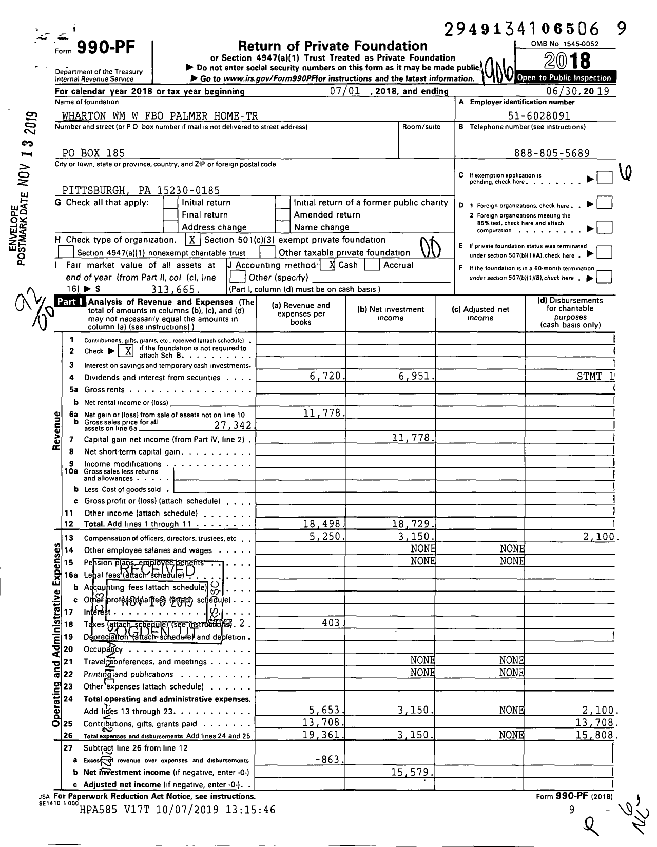 Image of first page of 2018 Form 990PF for Wharton WM W Fbo Palmer Home-Tr