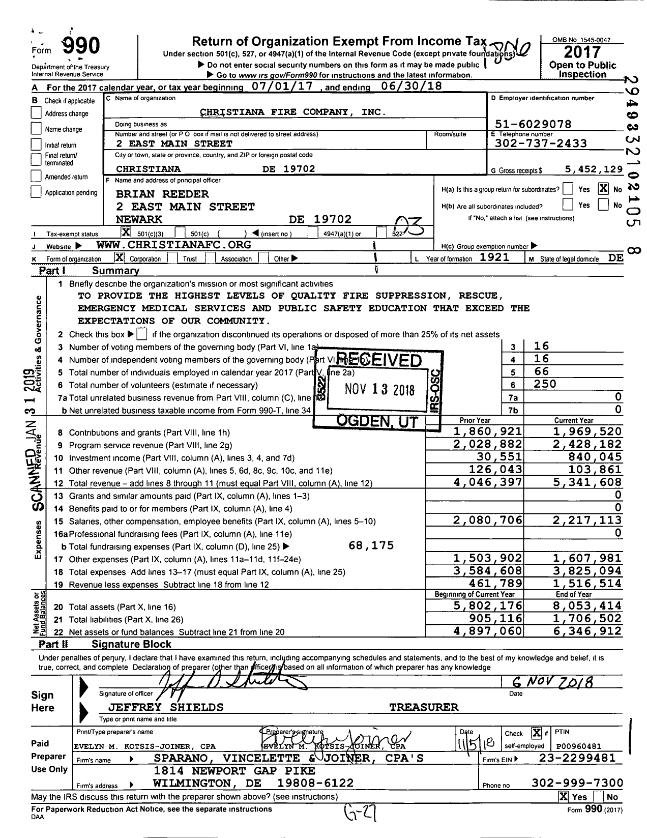Image of first page of 2017 Form 990 for Christiana Fire Company