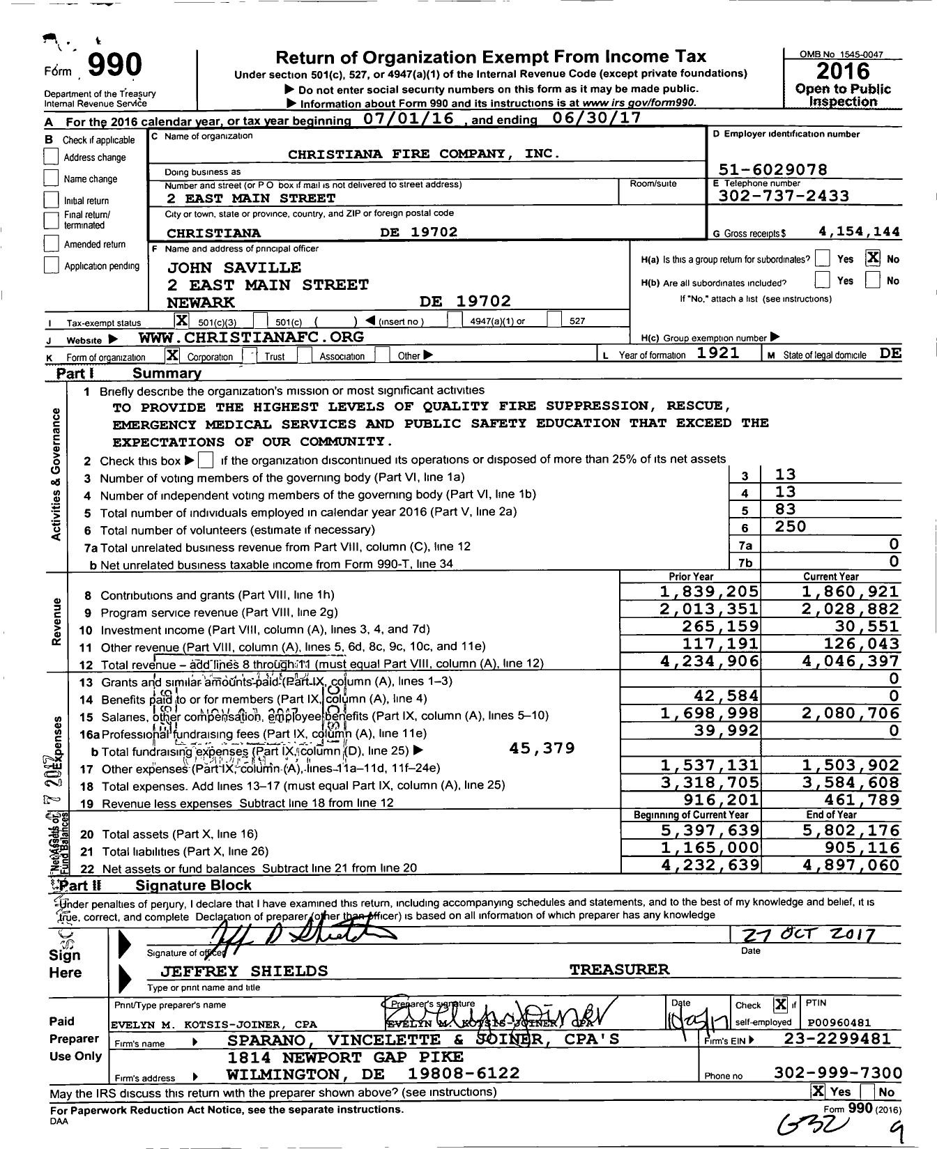 Image of first page of 2016 Form 990 for Christiana Fire Company