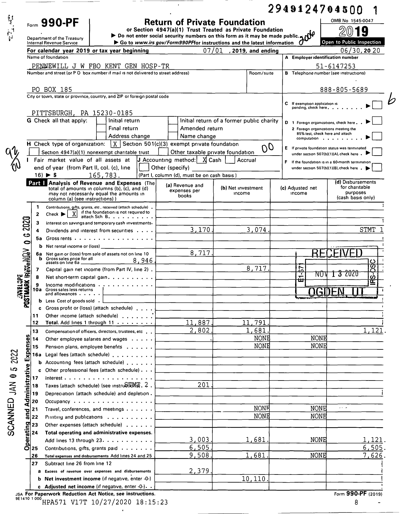 Image of first page of 2019 Form 990PF for Pennewill J W Fbo Kent Gen Hosp-Tr