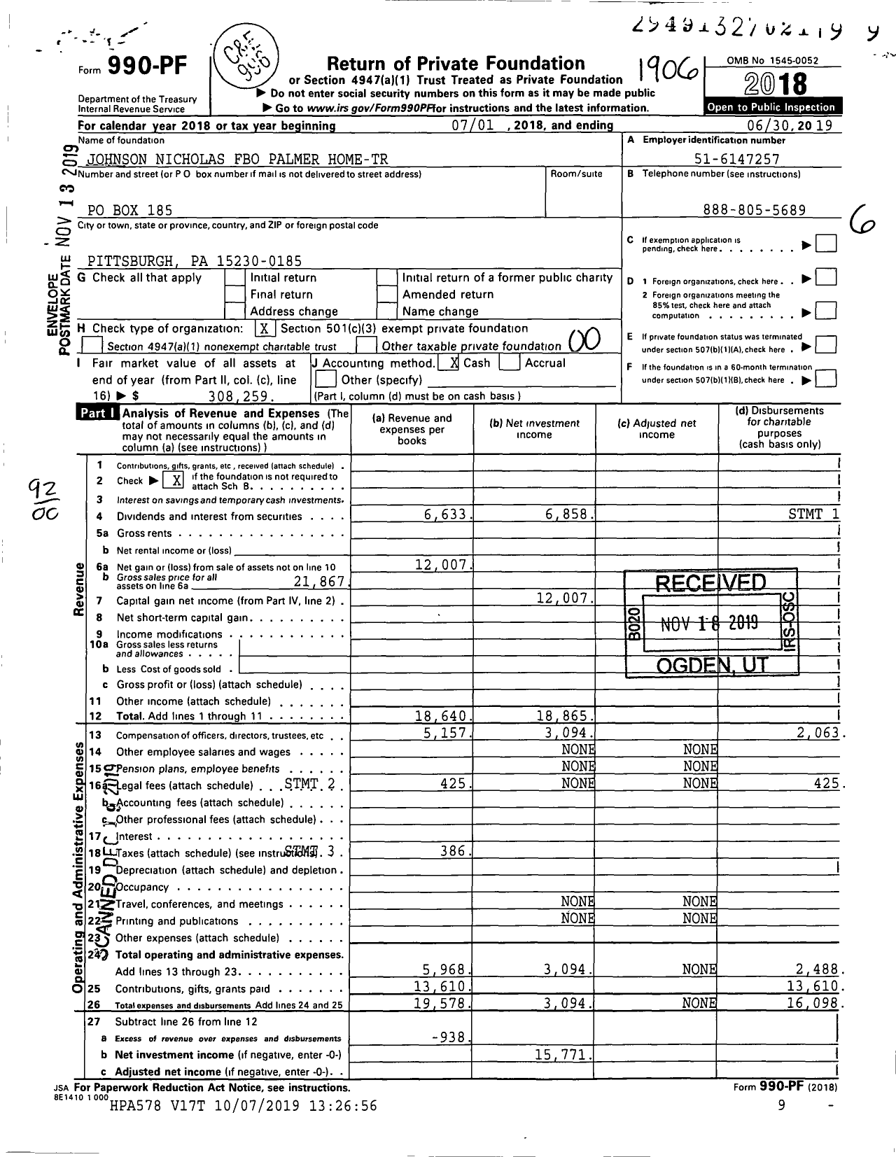 Image of first page of 2018 Form 990PF for Johnson Nicholas Fbo Palmer Home-Tr