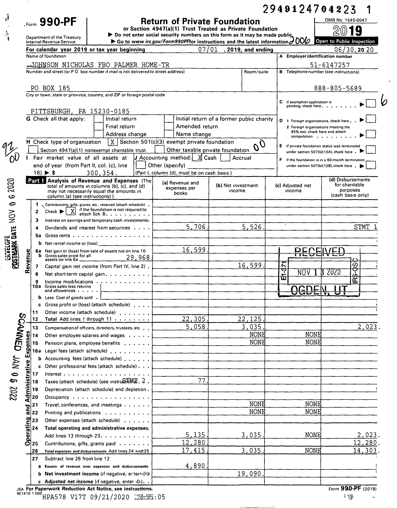 Image of first page of 2019 Form 990PF for Johnson Nicholas Fbo Palmer Home-Tr