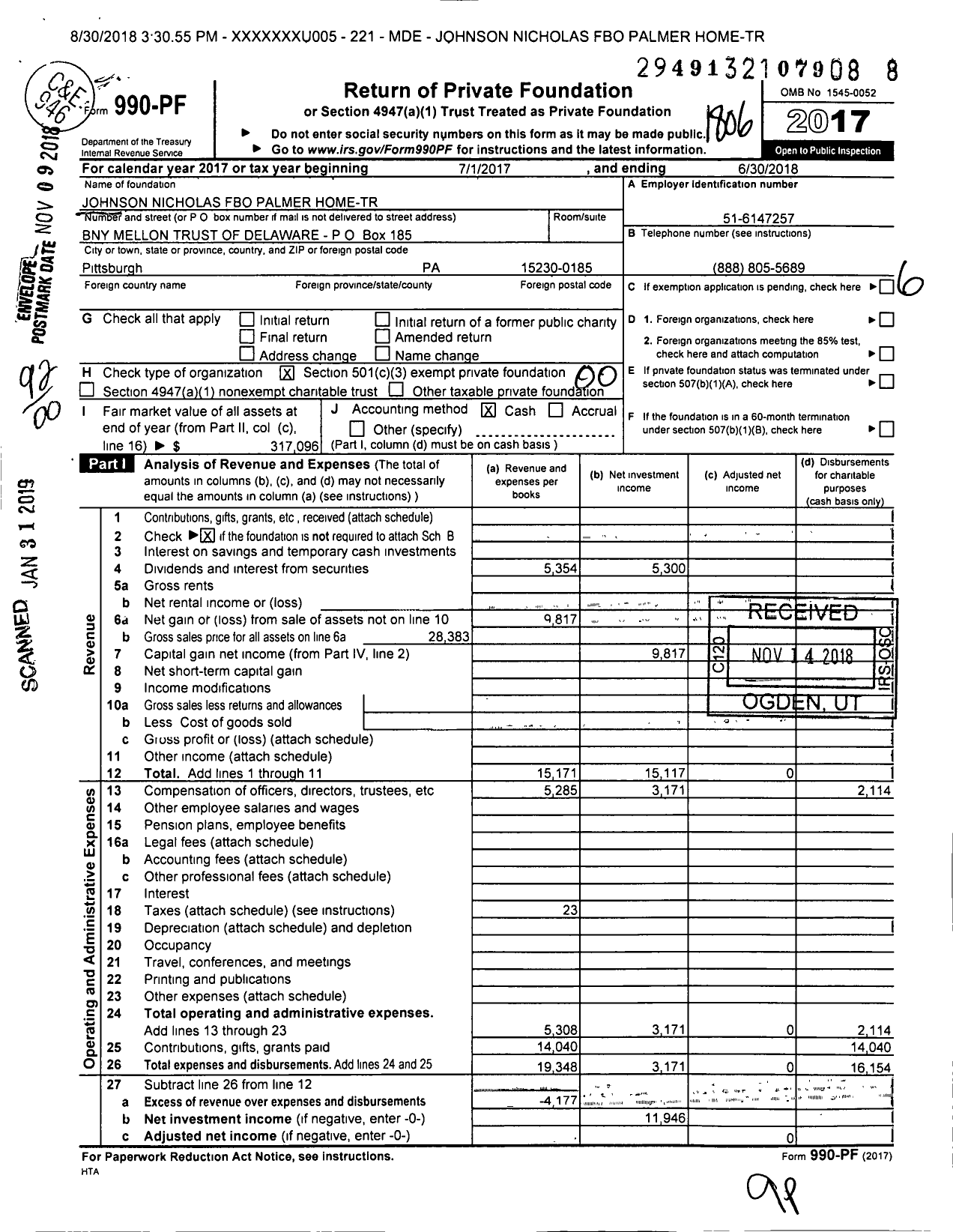 Image of first page of 2017 Form 990PF for Johnson Nicholas Fbo Palmer Home-Tr