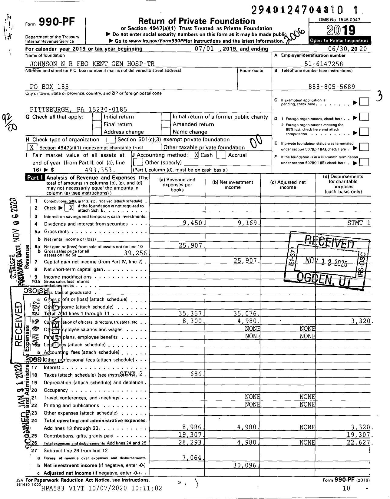 Image of first page of 2019 Form 990PF for Johnson N R Fbo Kent Gen Hosp-Tr