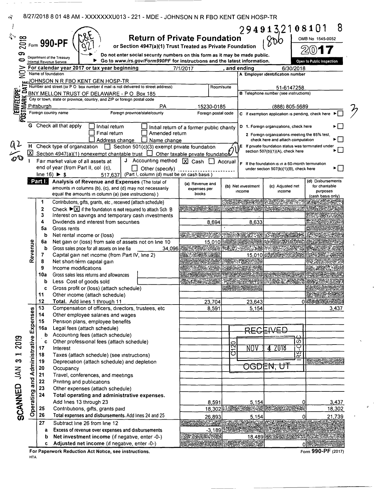 Image of first page of 2017 Form 990PF for Johnson N R Fbo Kent Gen Hosp-Tr