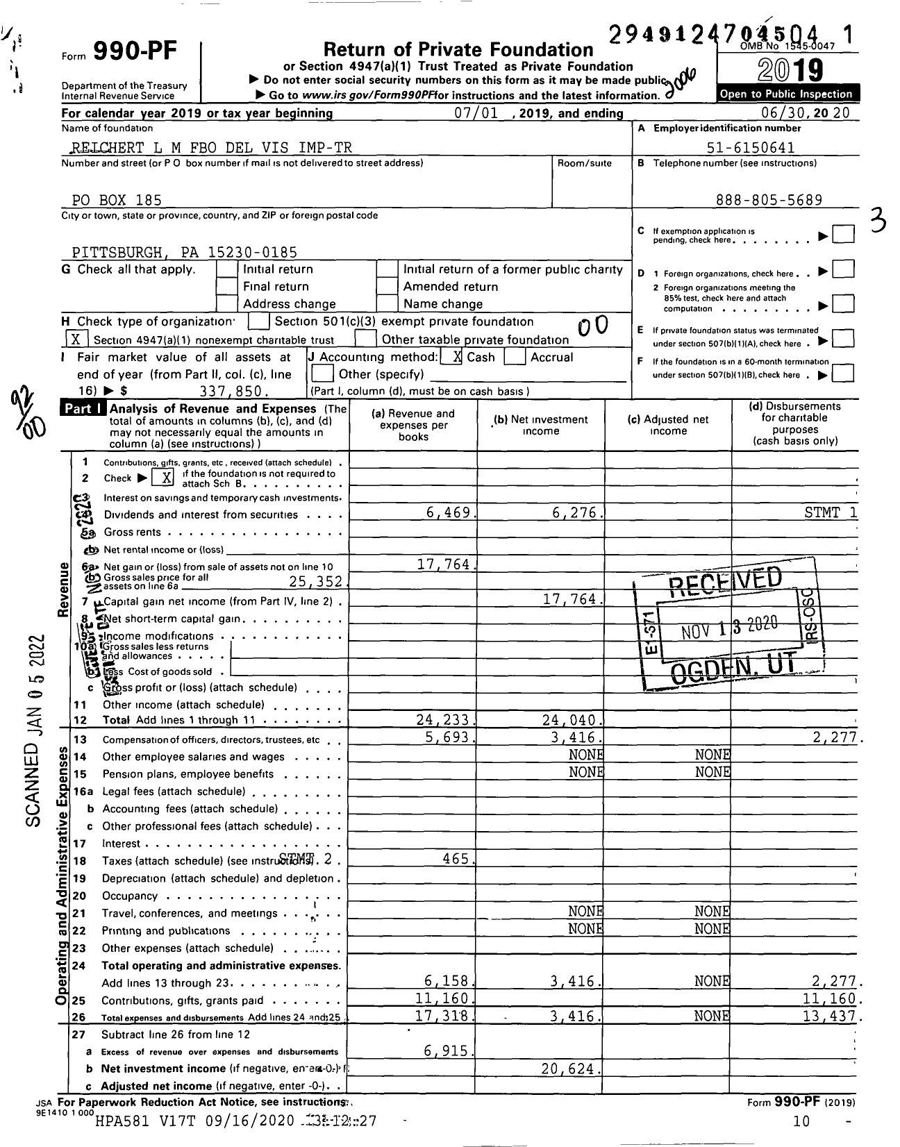 Image of first page of 2019 Form 990PF for Reichert L M Fbo Del Vis Imp-Tr