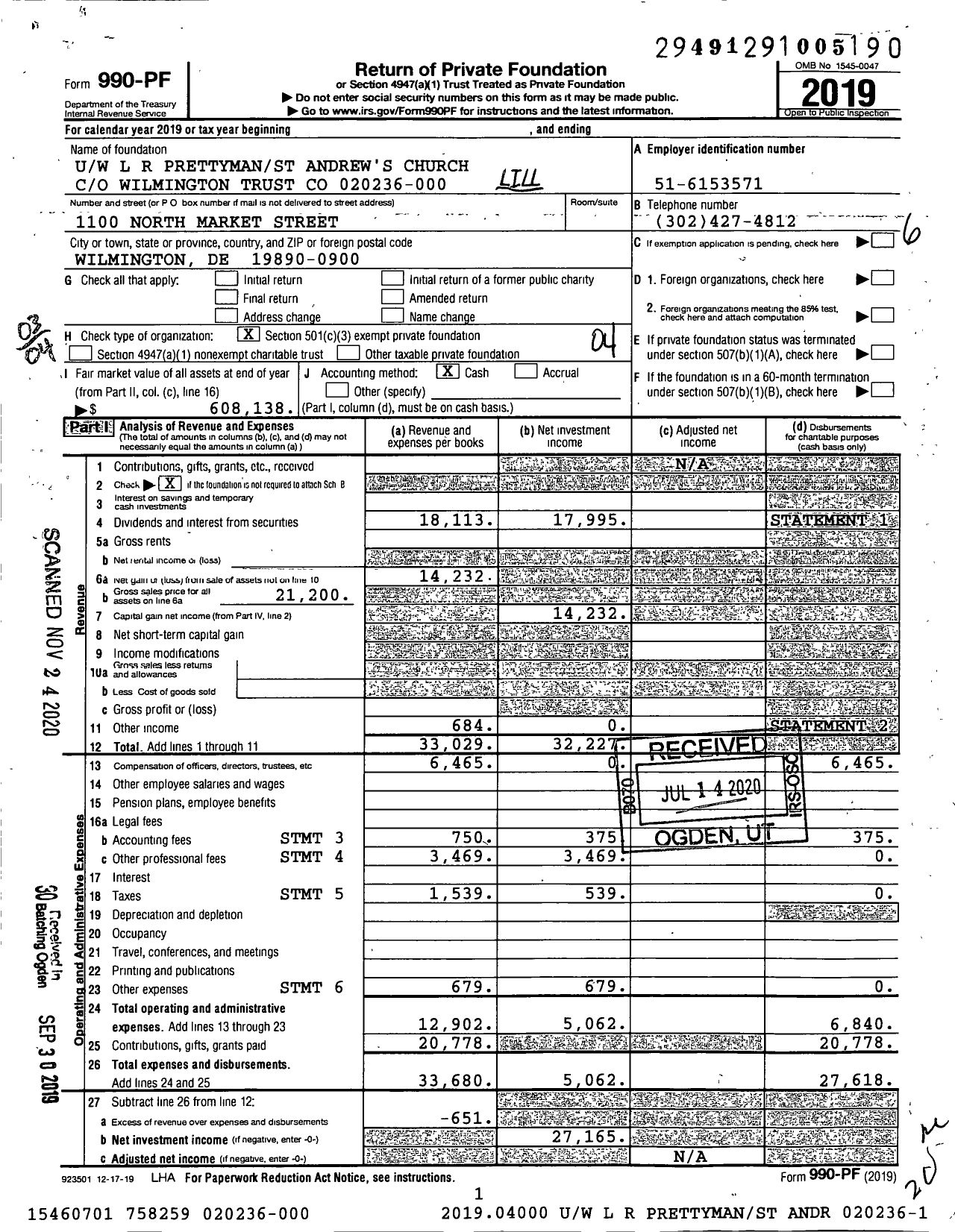 Image of first page of 2019 Form 990PF for Lillian R Prettyman Trust Uw Fbo St Andrews Church