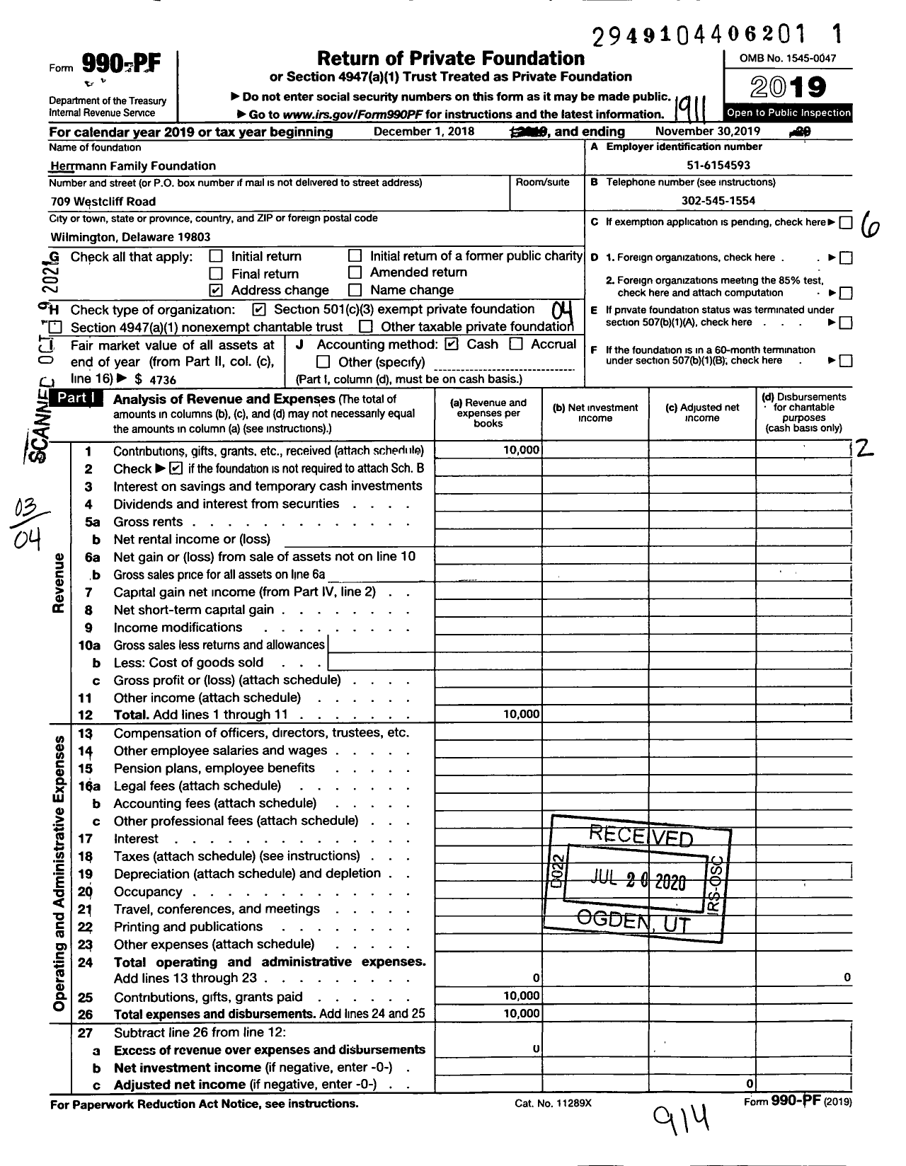 Image of first page of 2018 Form 990PF for Herrmann Family Foundation