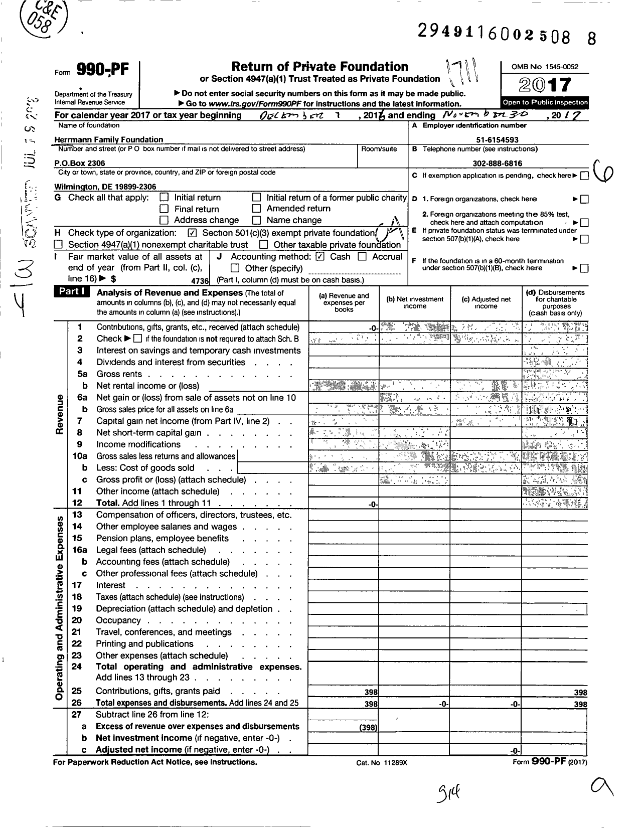 Image of first page of 2016 Form 990PF for Herrmann Family Foundation