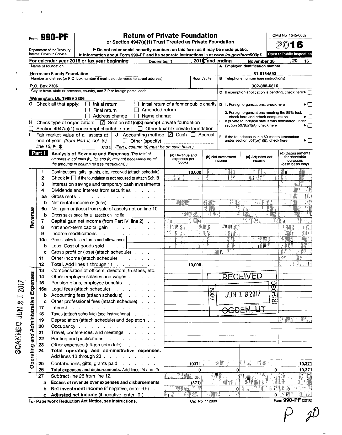 Image of first page of 2015 Form 990PF for Herrmann Family Foundation