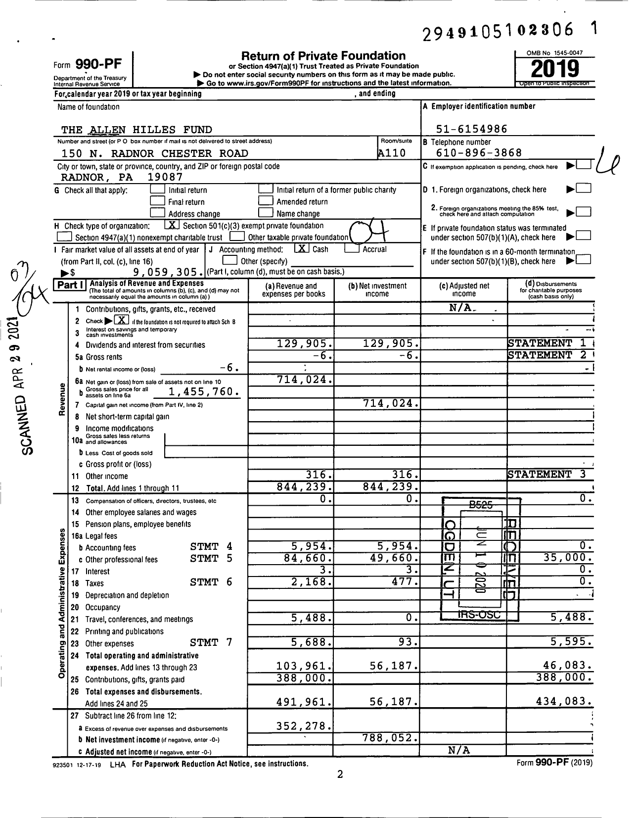 Image of first page of 2019 Form 990PF for The Allen Hilles Fund